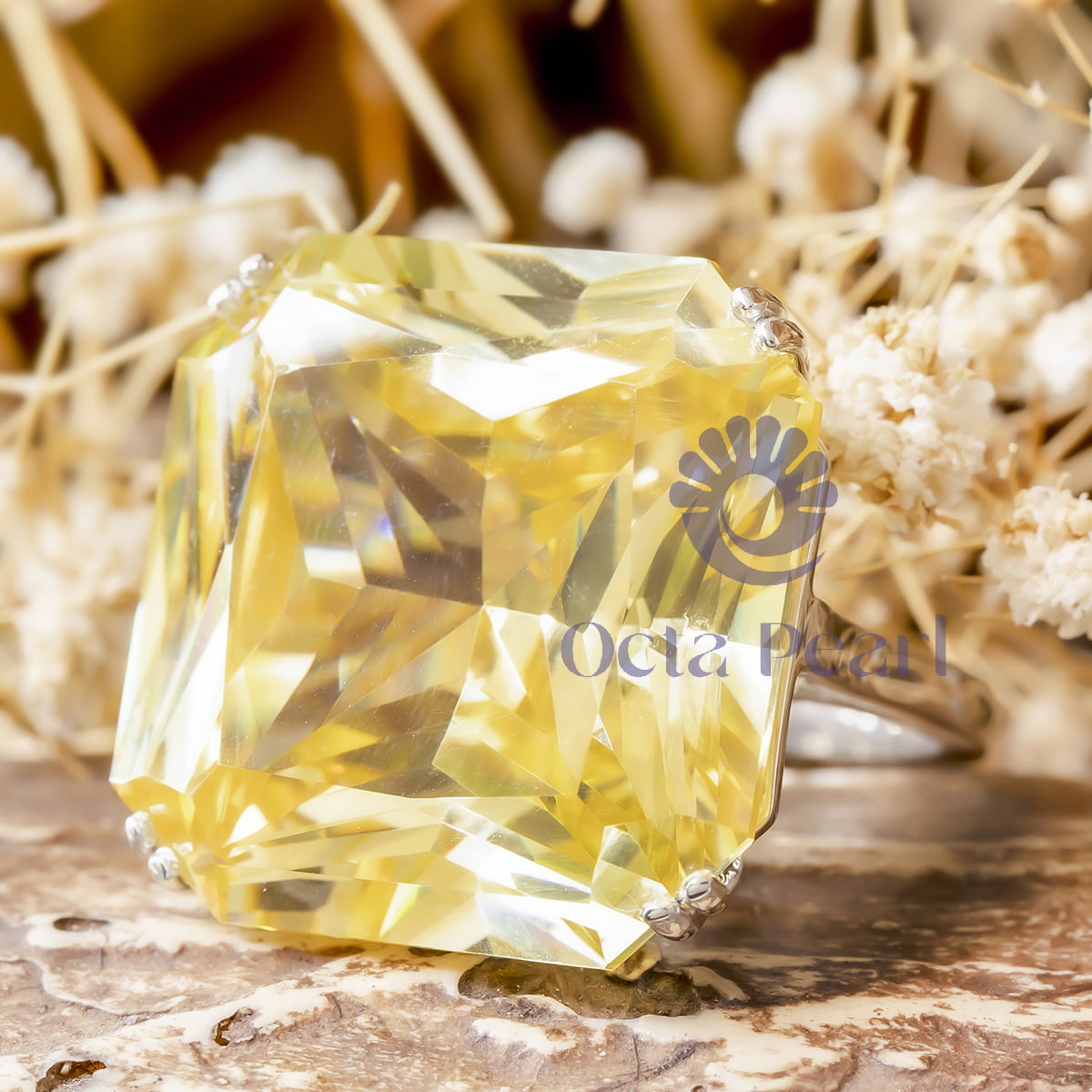Squared Radiant Canary Yellow CZ Stone Cocktail Solitaire Ring For Women