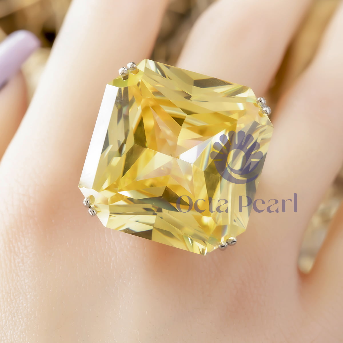 Squared Radiant Canary Yellow CZ Stone Cocktail Solitaire Ring For Women