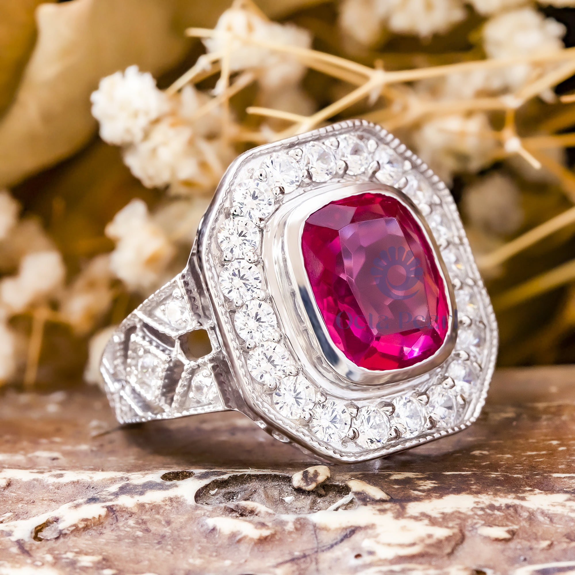 Pink Ruby Cushion Cut CZ Stone Bezel Milgrain Bezel Set Vintage Style Ring (9 3/8 TCW)