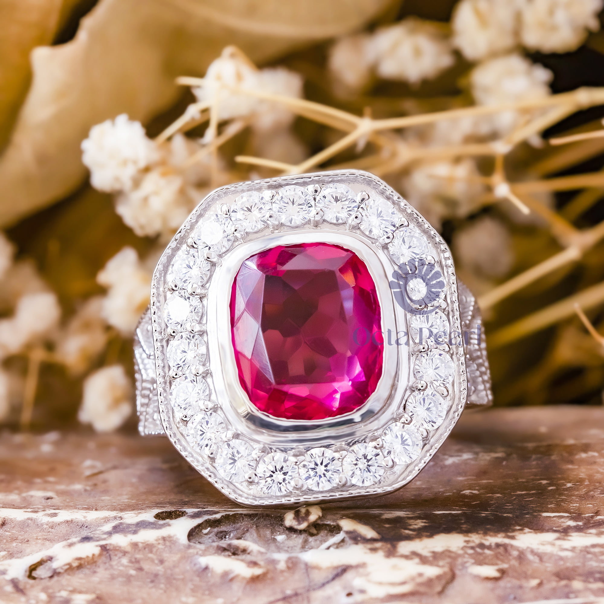 Pink Ruby Cushion Cut CZ Stone Bezel Milgrain Bezel Set Vintage Style Ring (9 3/8 TCW)