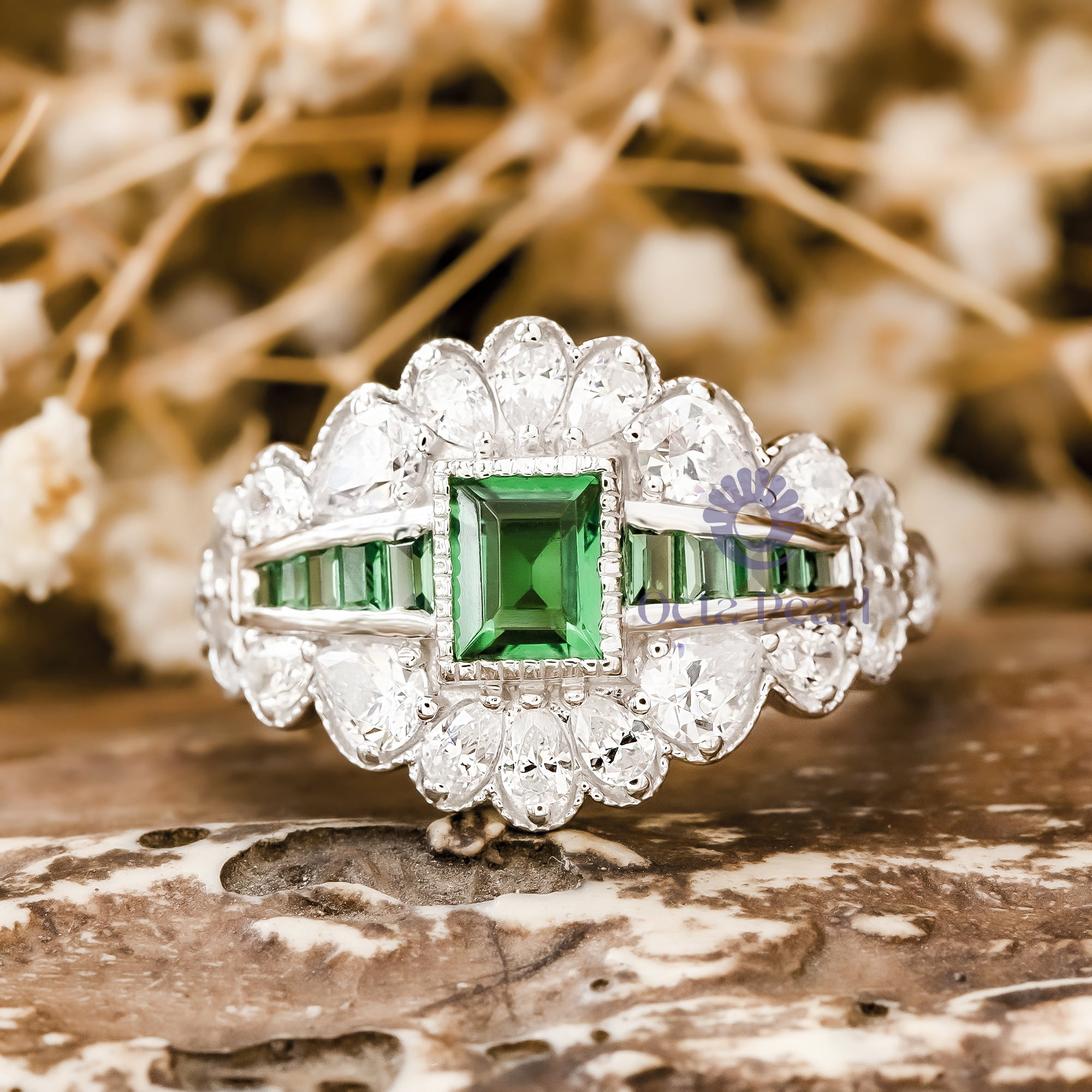 Vintage Art Deco Green Emerald CZ Stone Milgrain Bezel Set Engagement Wedding Ring