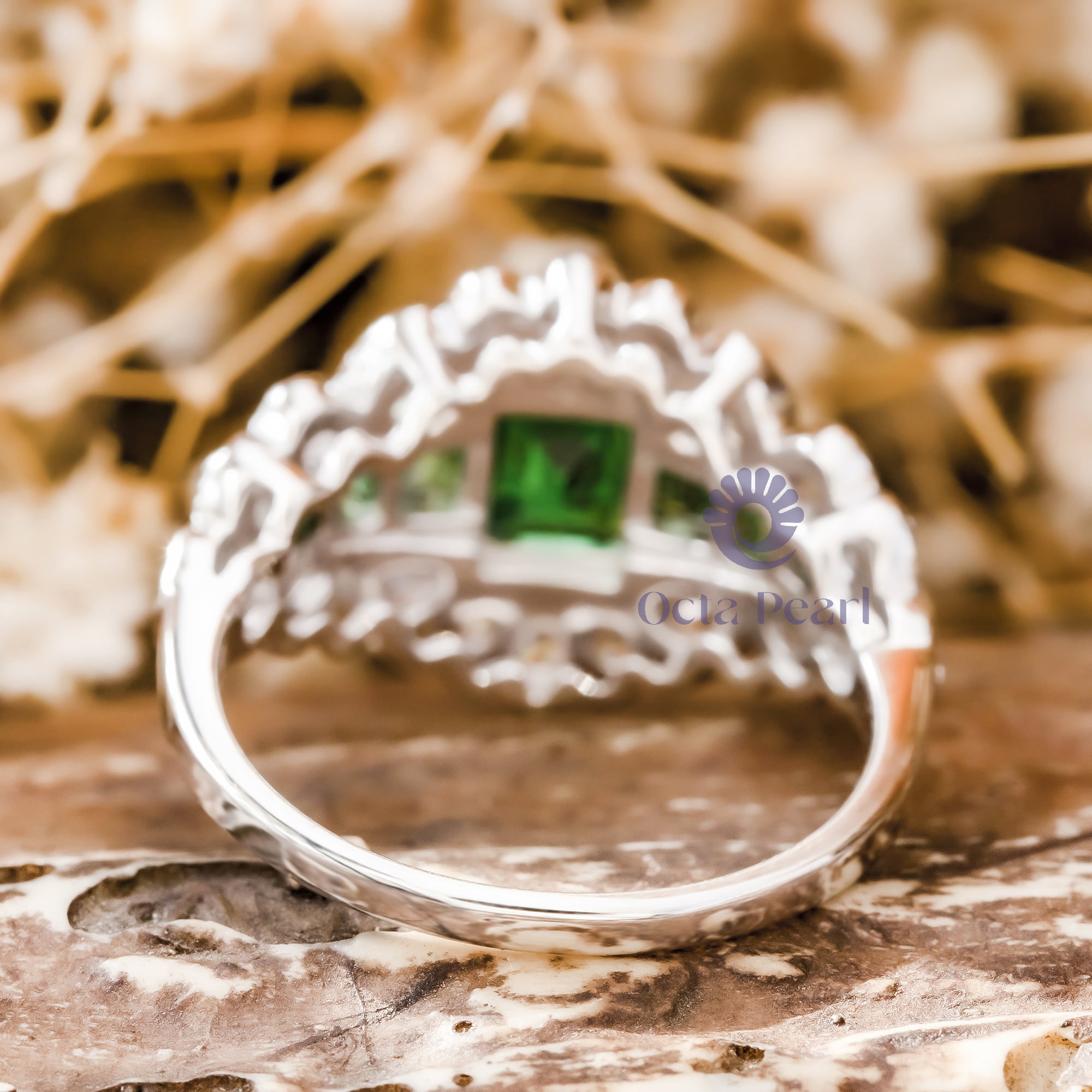 Vintage Art Deco Green Emerald CZ Stone Milgrain Bezel Set Engagement Wedding Ring