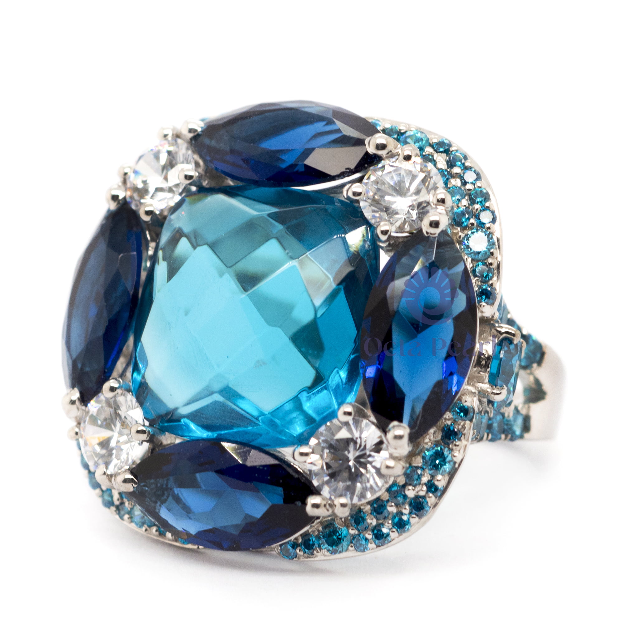 Aqua Cushion & Round With Blue Sapphire Marquise CZ Stone Cocktail Ring (21 8/9 TCW)