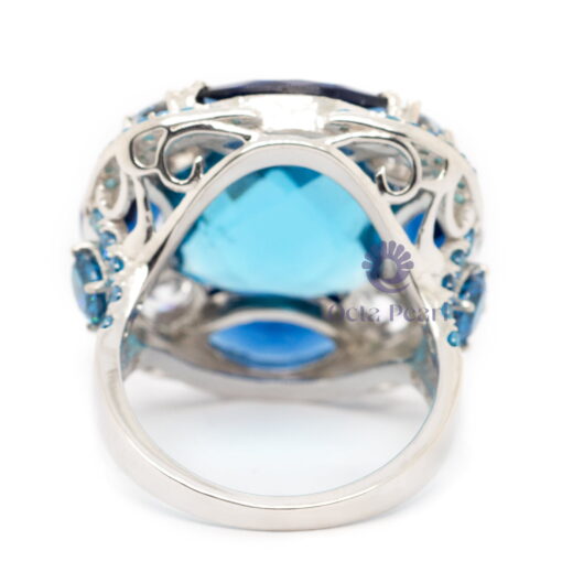 Aqua Cushion & Round With Blue Marquise CZ Stone Cocktail Ring