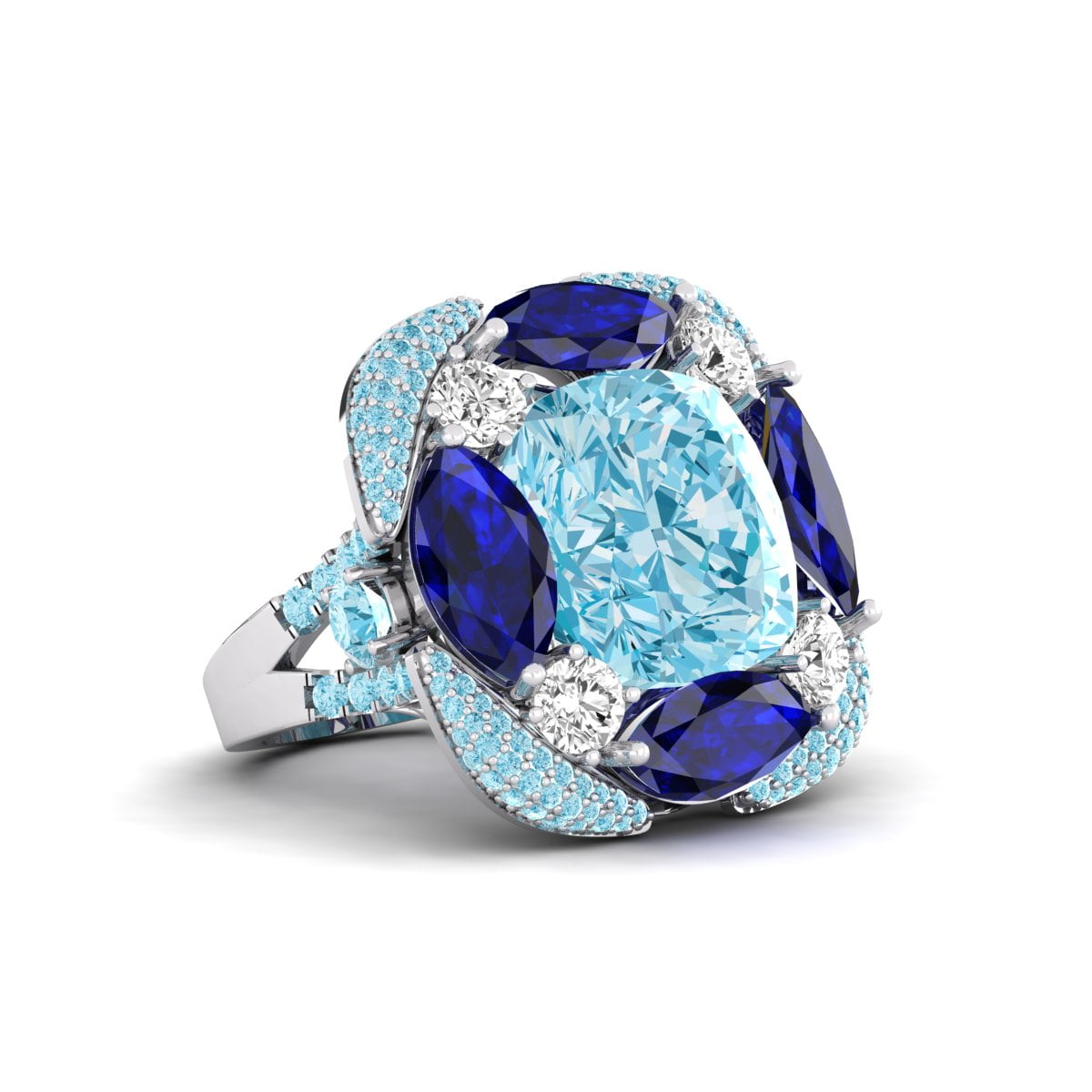 Aqua Cushion & Round With Blue Marquise CZ Stone Cocktail Ring (21 8/9 TCW)