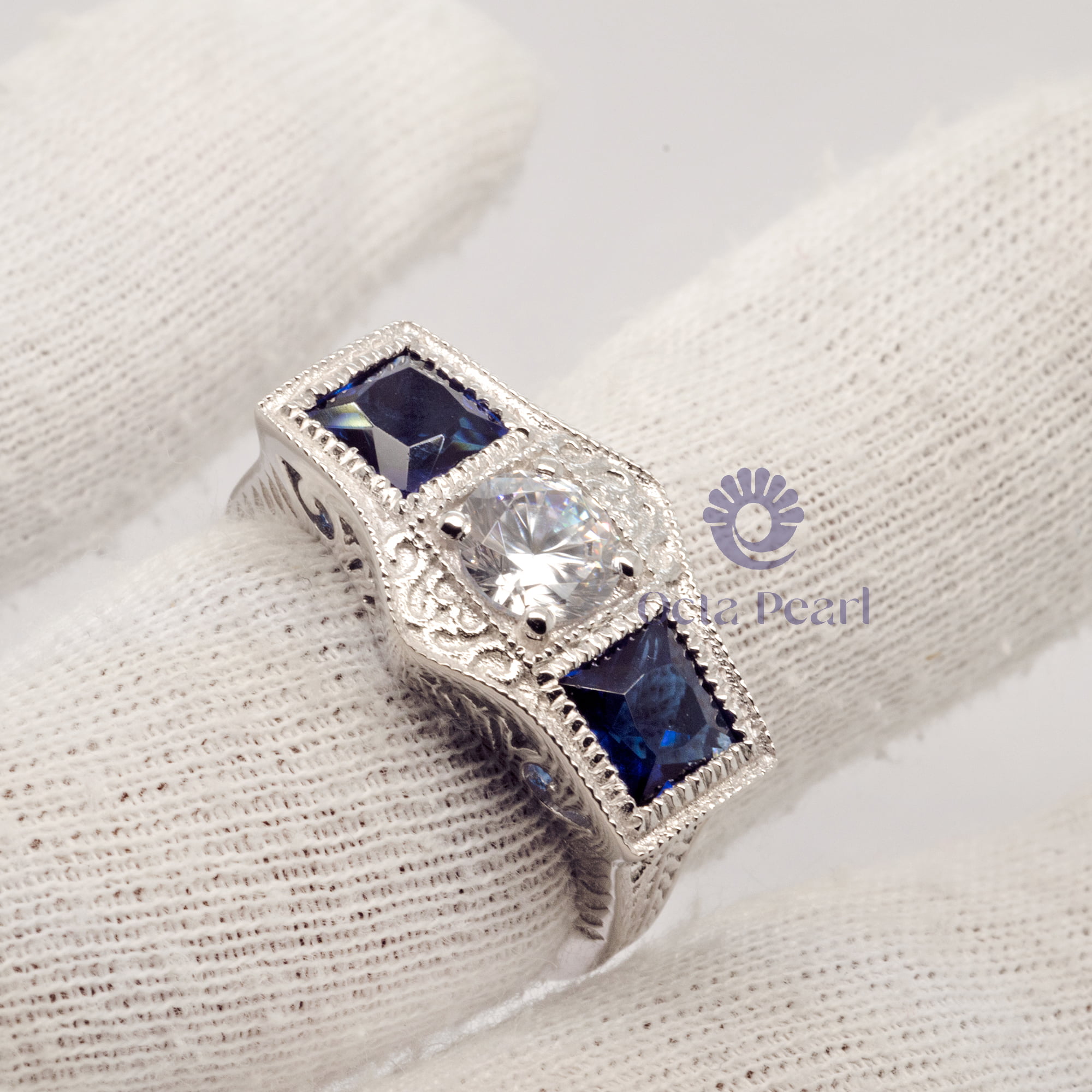 Blue Sapphire Three Stone Art deco Ring With Milgrain