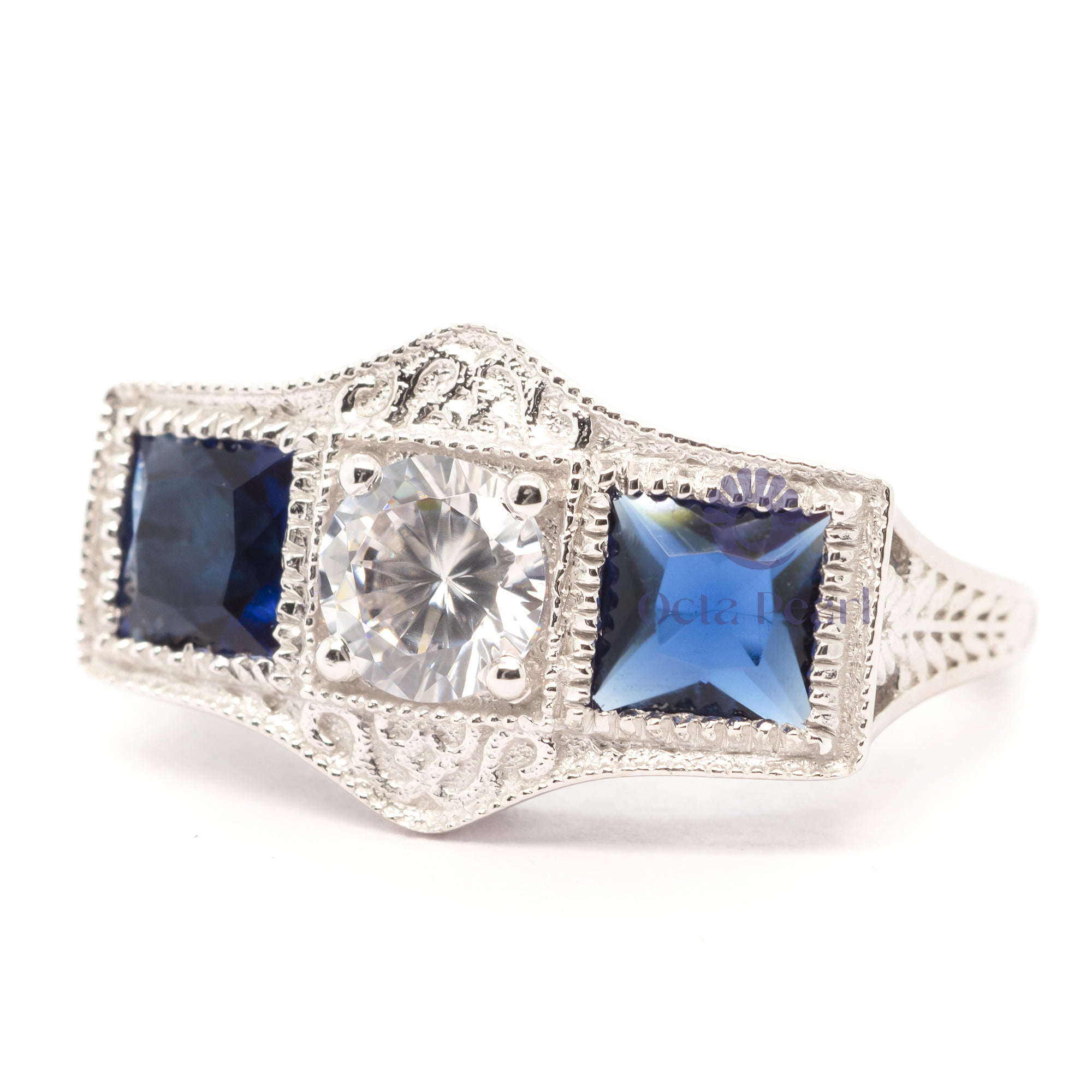 Blue Sapphire Three Stone Art deco Ring With Milgrain