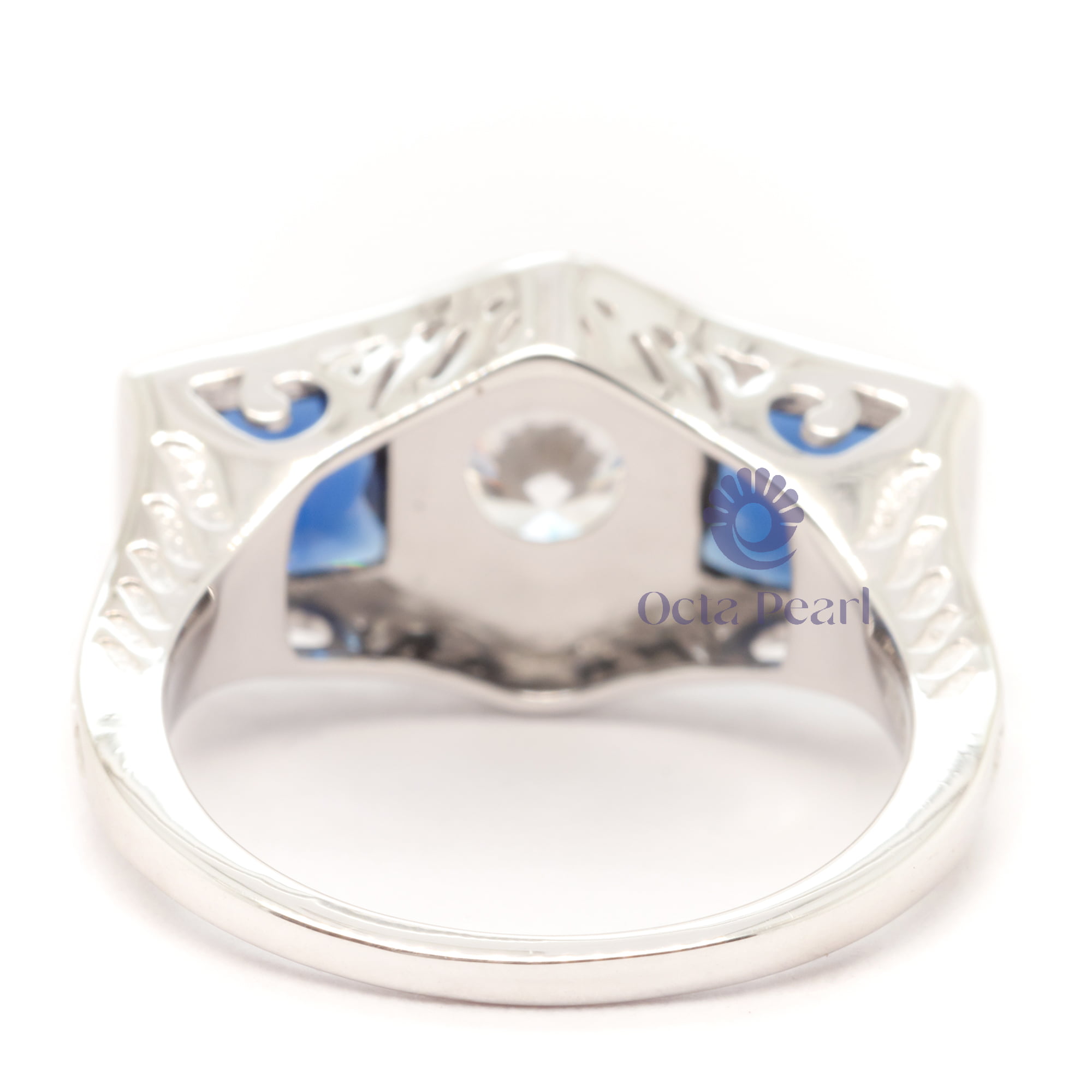 Milgrain Bezel Set Round With Blue Sapphire Princess CZ Three Stone Art deco Ring ( 3 1/3 TCW )