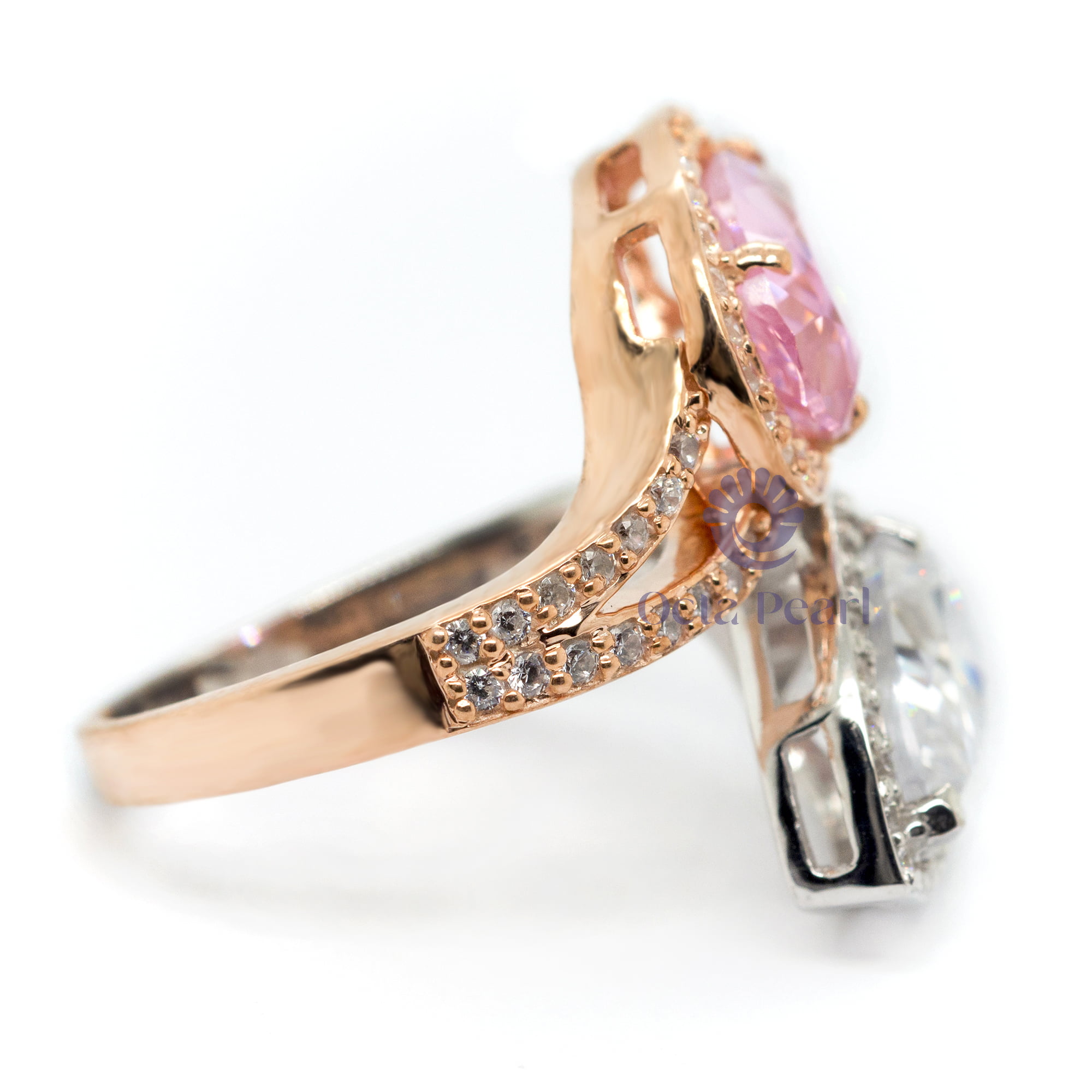 Pink & White Pear Cut CZ Two Stone Halo Bypass Shank Engagement Ring (4 1/7 TCW)