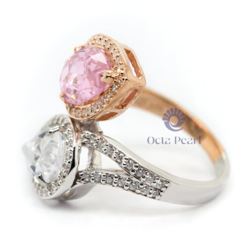 Pink & White Pear Cut CZ Two Stone Halo Bypass Shank Engagement Ring