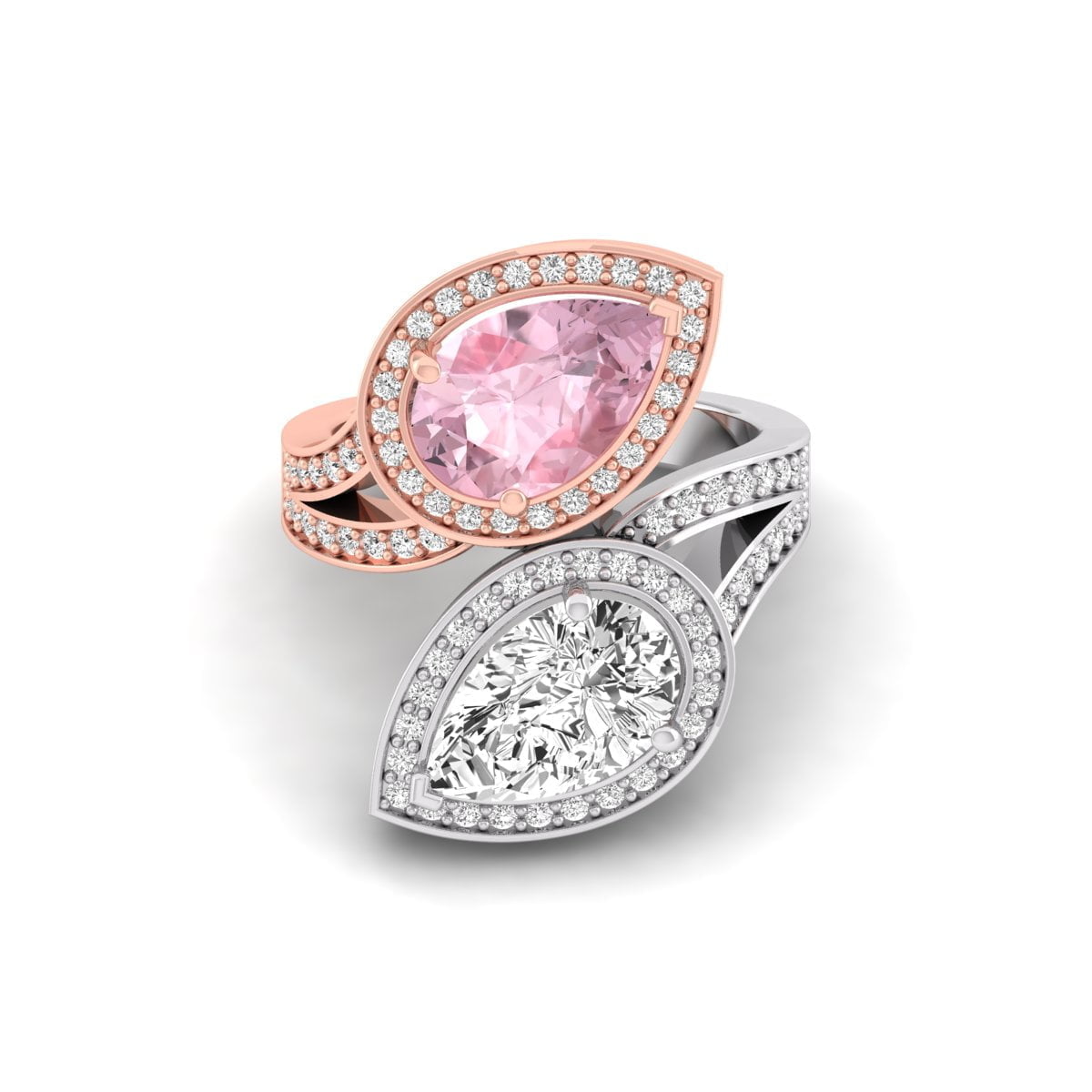 Pink & White Pear Cut CZ Two Stone Halo Bypass Shank Engagement Ring (4 1/7 TCW)