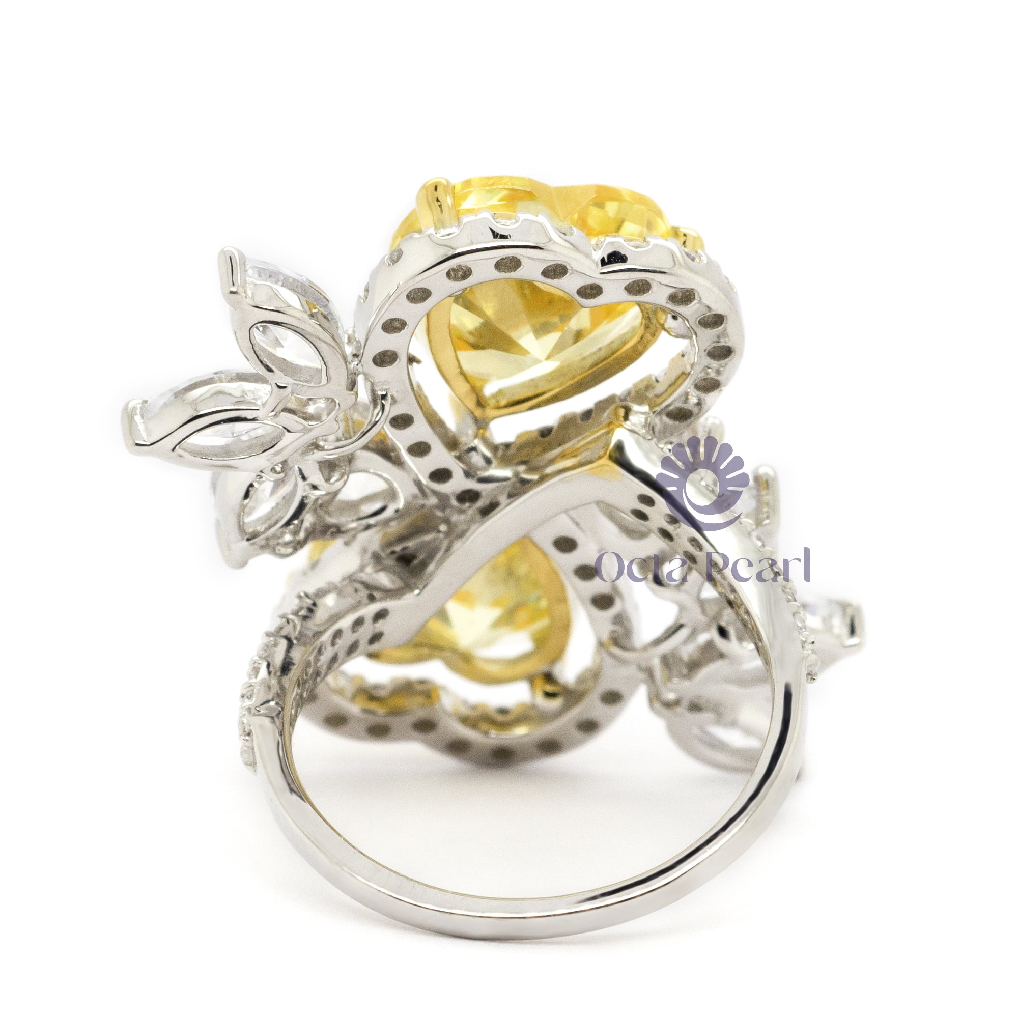 Canary Yellow Heart CZ Halo Two Stone Bypass Shank Cocktail Ring ( 13 2/13 TCW )
