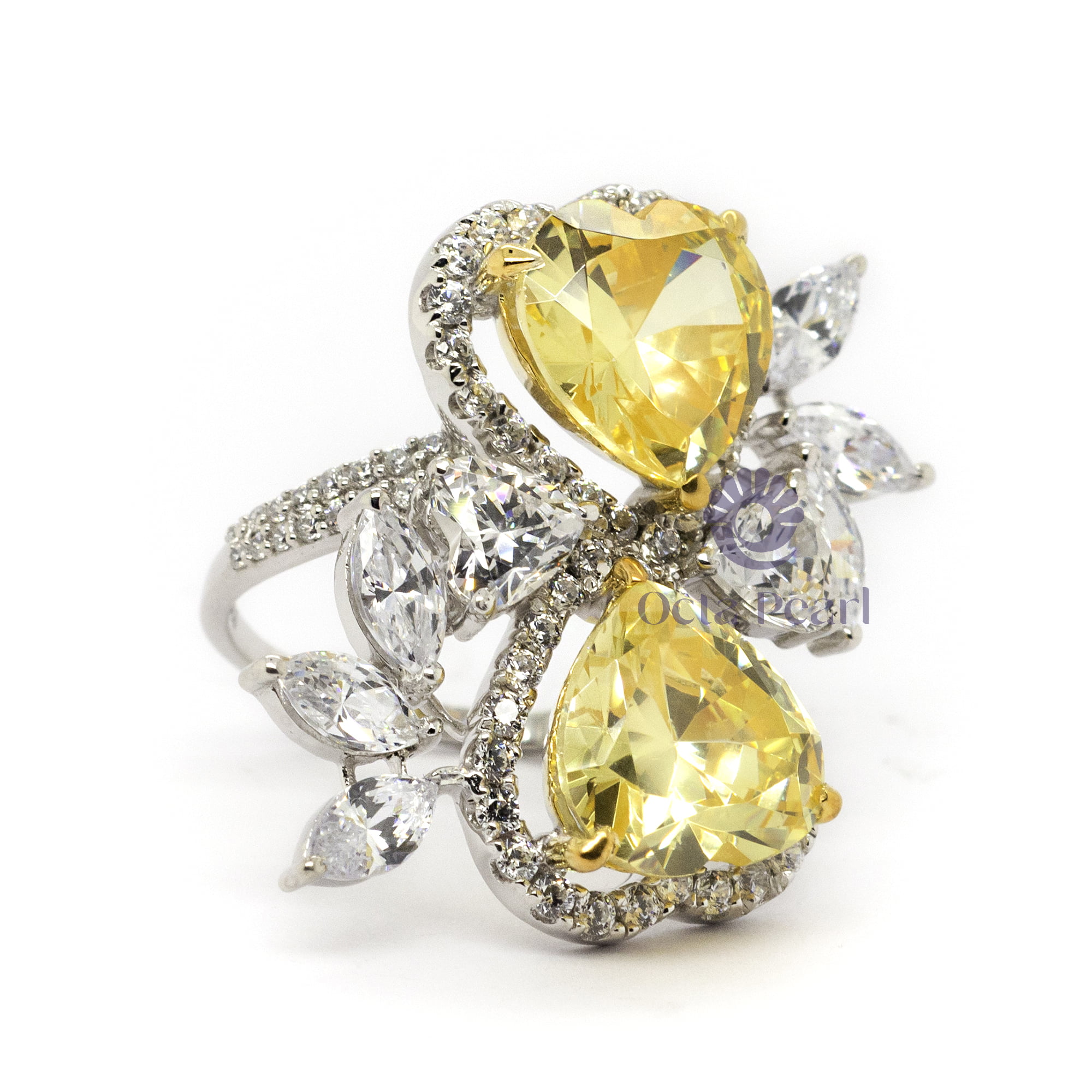 Canary Yellow Heart CZ Halo Two Stone Bypass Shank Cocktail Ring ( 13 2/13 TCW )