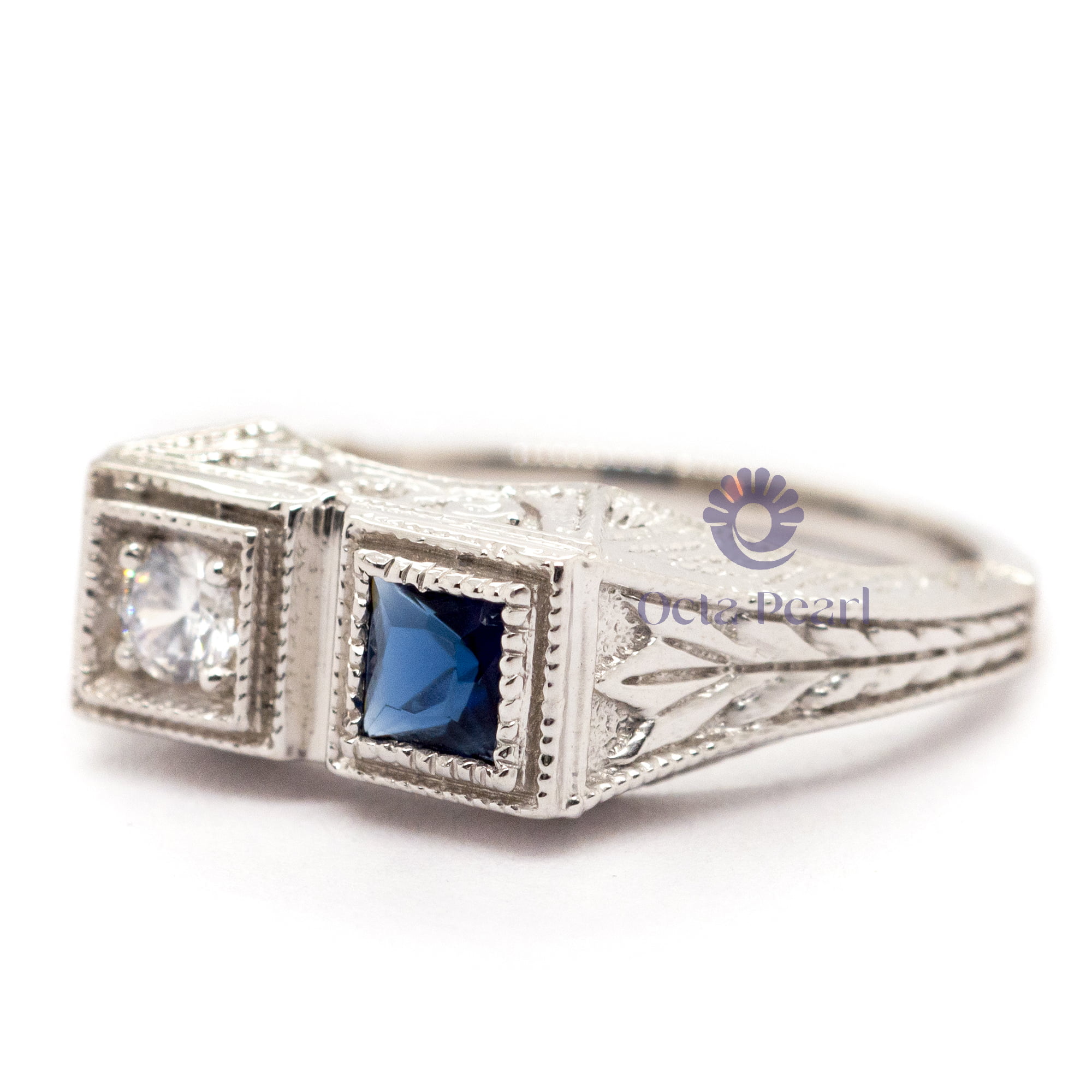 Blue Sapphire Princess With Round CZ Stone Toi Et Moi Art Deco Ring For Birthday-Mother's day Gift