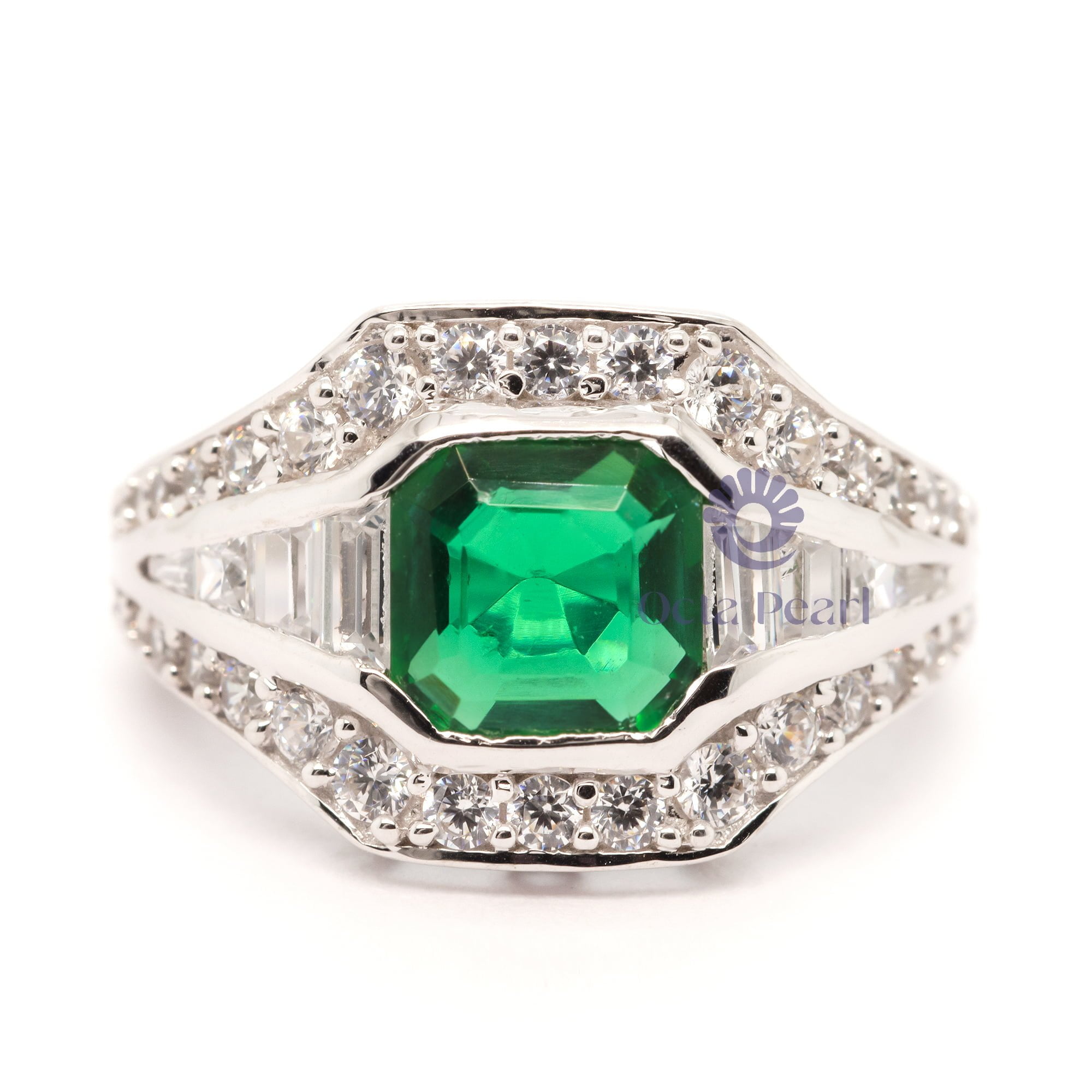 Green Asscher With Baguette CZ Stone Channel Setting Victorian Ring