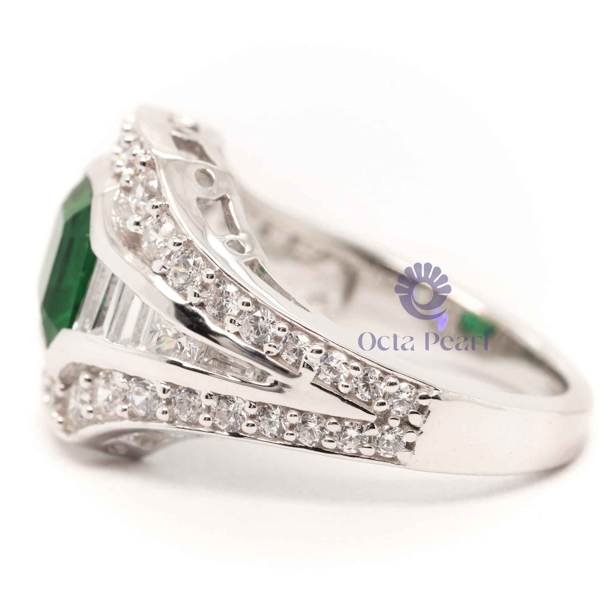 Green Asscher With Baguette CZ Stone Channel Setting Victorian Ring
