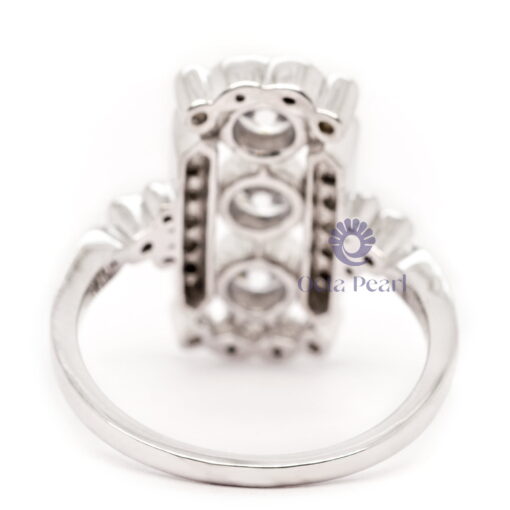 Round Cut Moissanite Milgrain Bezel Set Three Stone Art Deco Wedding Ring