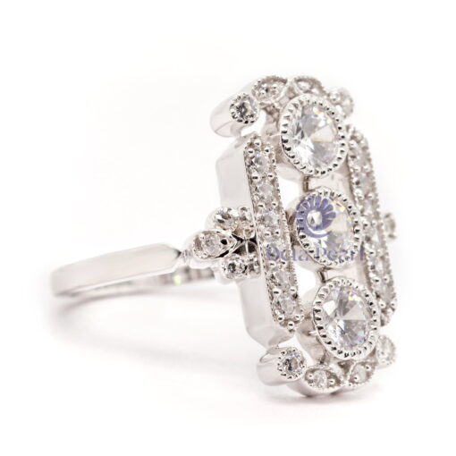Round Cut Moissanite Milgrain Bezel Set Three Stone Art Deco Wedding Ring