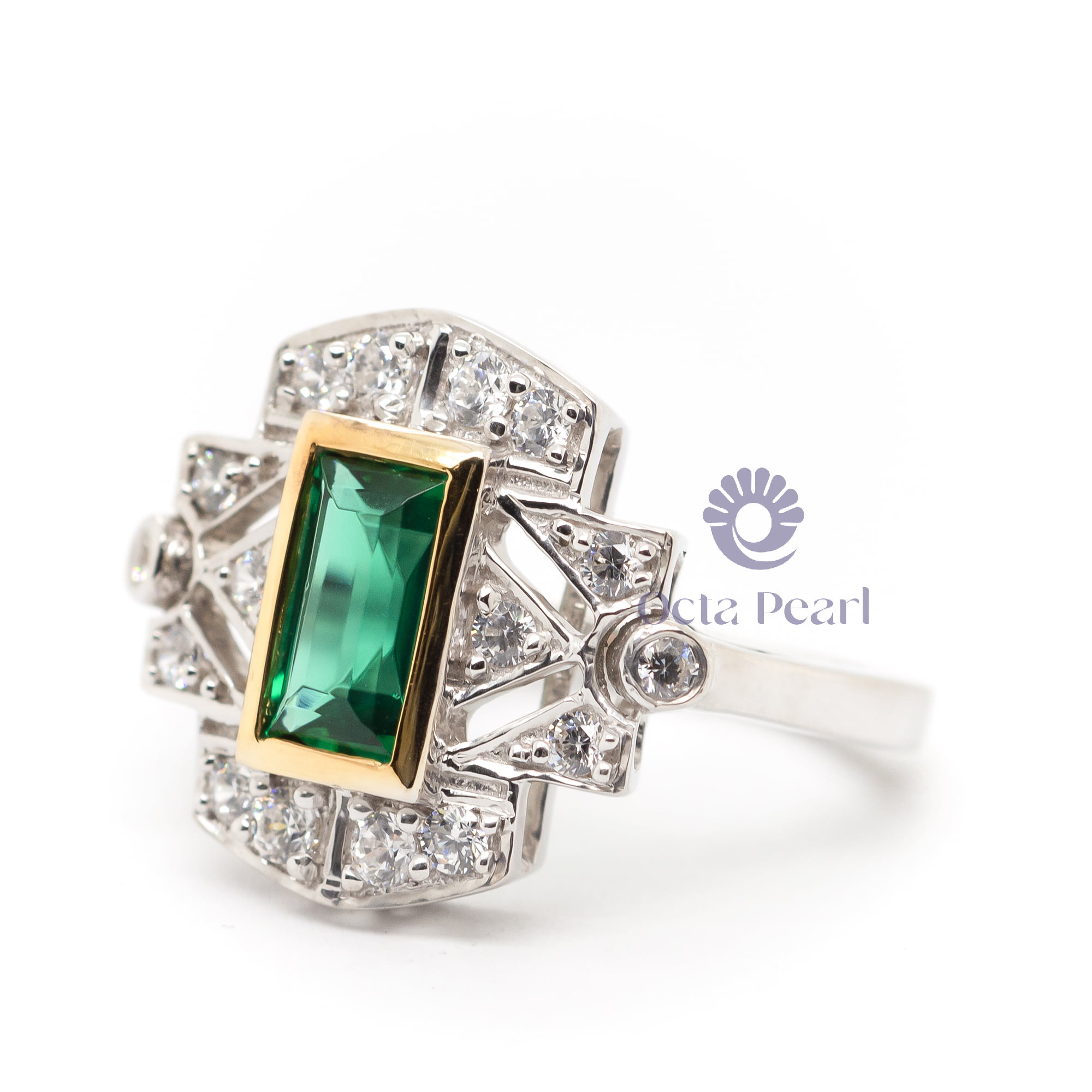 Baguette Cut Green Stone Geometric Style Art Deco Retro Vintage Engagement Ring