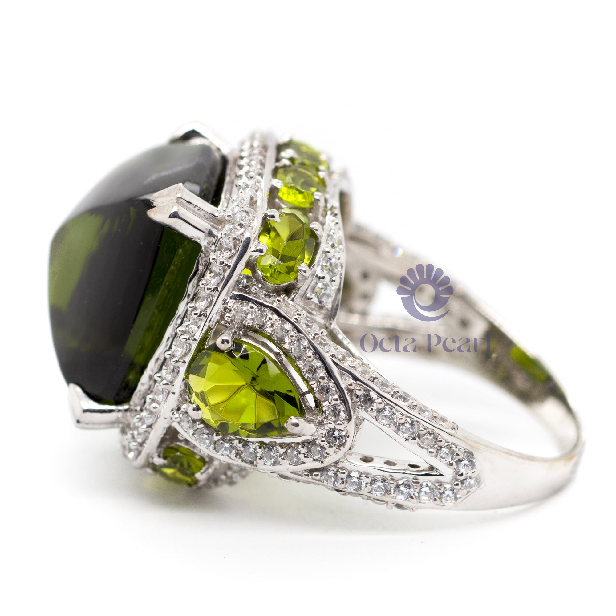 Peridot Color Fancy Cushion Shape Cabochon With Pear Cut CZ Stone Three Stone Halo Cocktail Ring