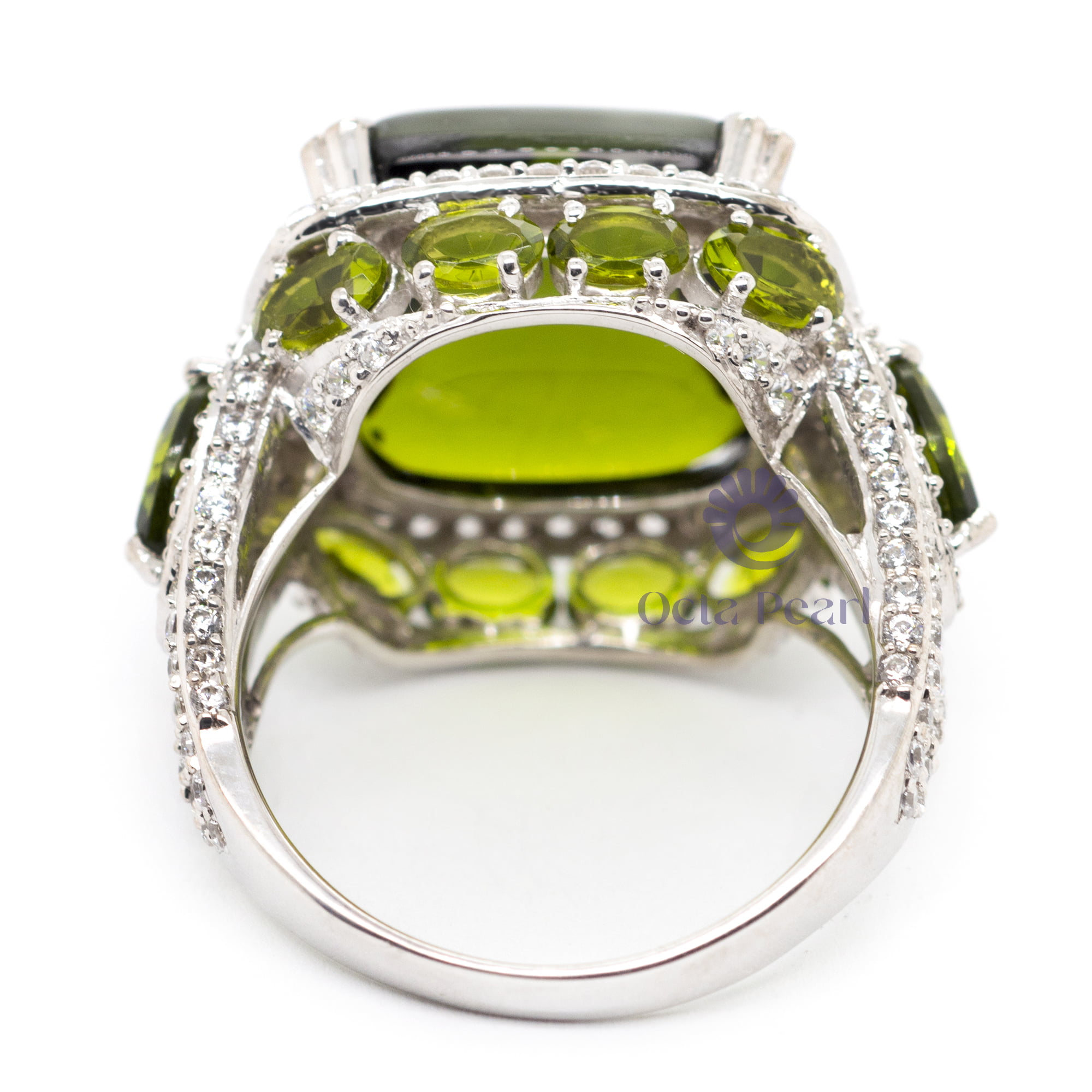 Peridot Color Fancy Cushion Shape Cabochon With Pear Cut CZ Stone Three Stone Halo Cocktail Ring