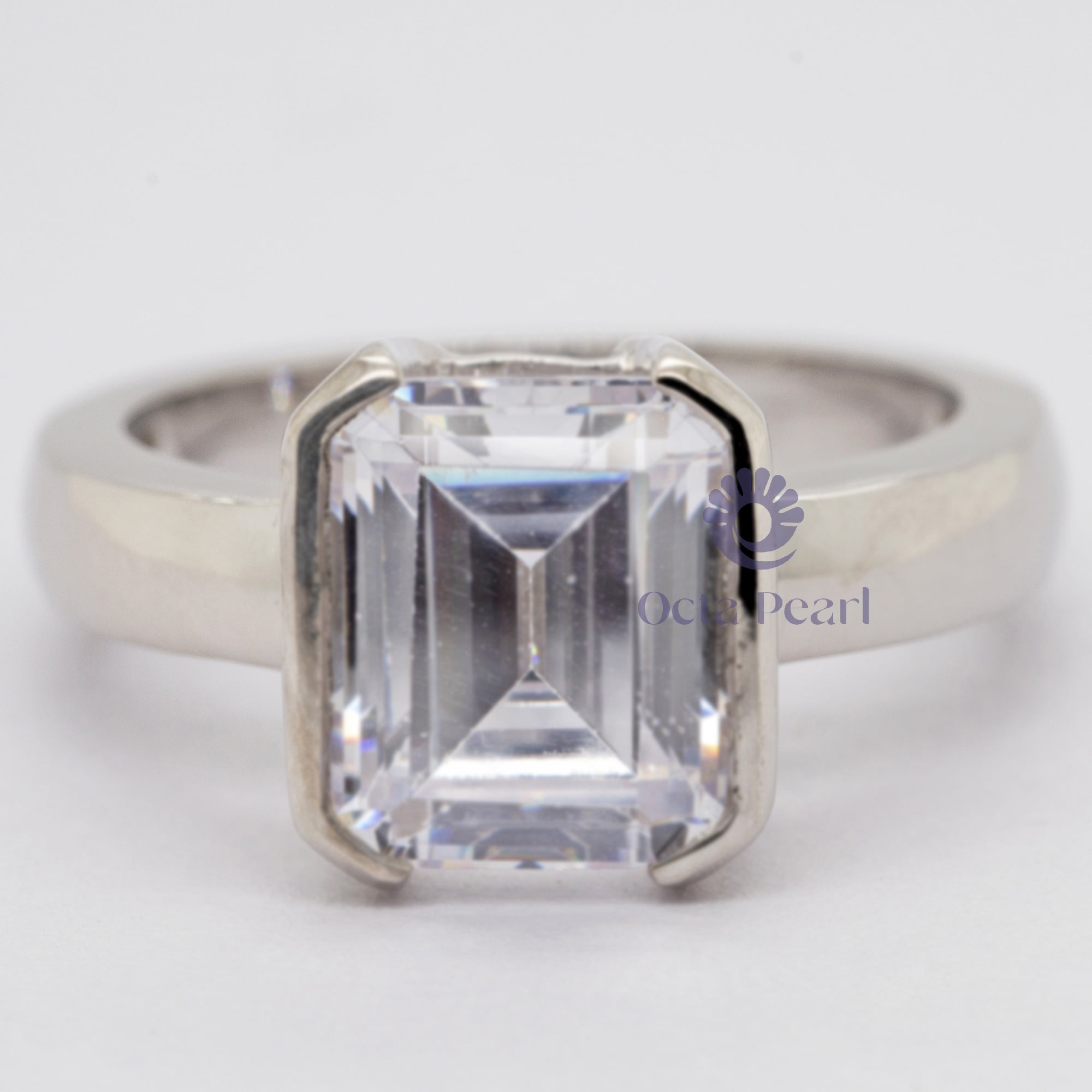 Half Bezel Set Emerald Moissanite Solitaire Classic Engagement Ring (3 4/5 TCW)