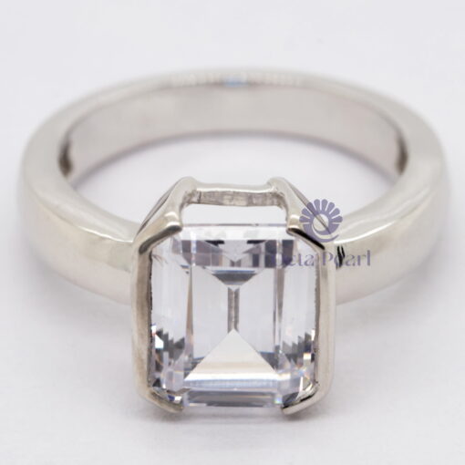 Half Bezel Set Emerald Moissanite Solitaire Classic Engagement Ring