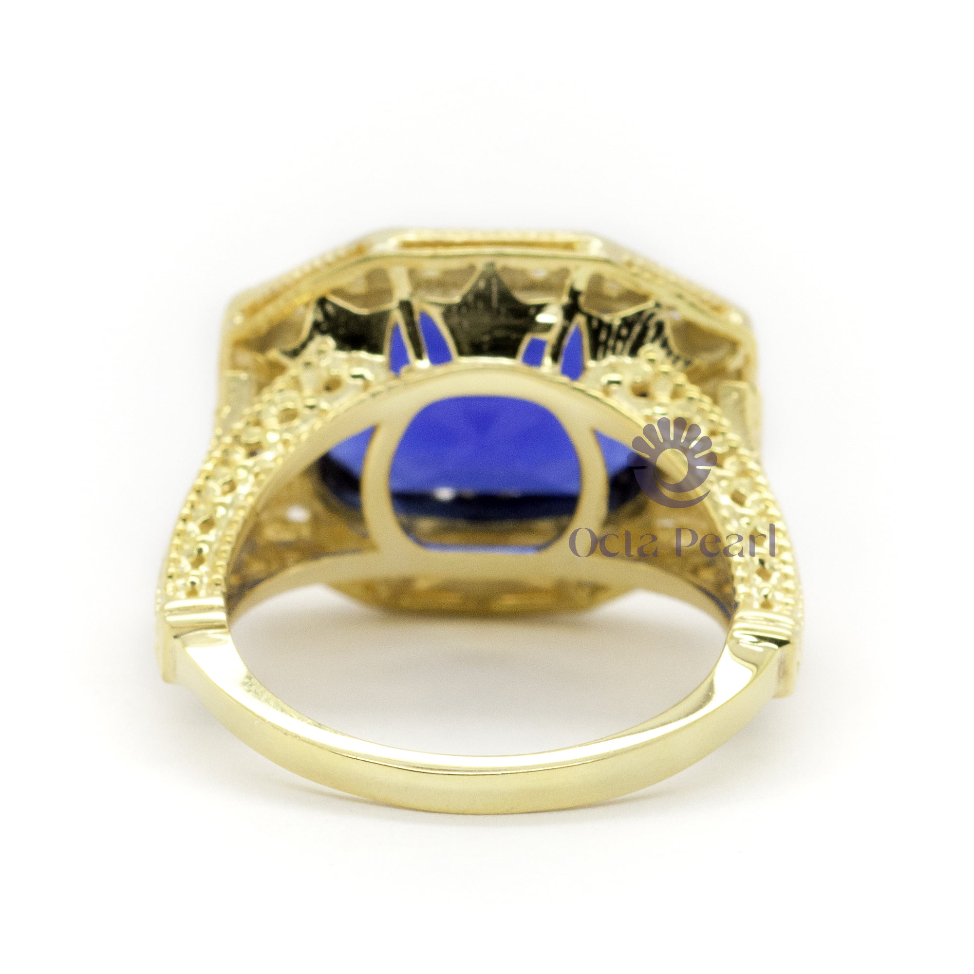 Blue Sapphire Square Emerald Cut CZ Stone Octagon Halo Art Deco Vintage Ring (7 4/9 TCW)