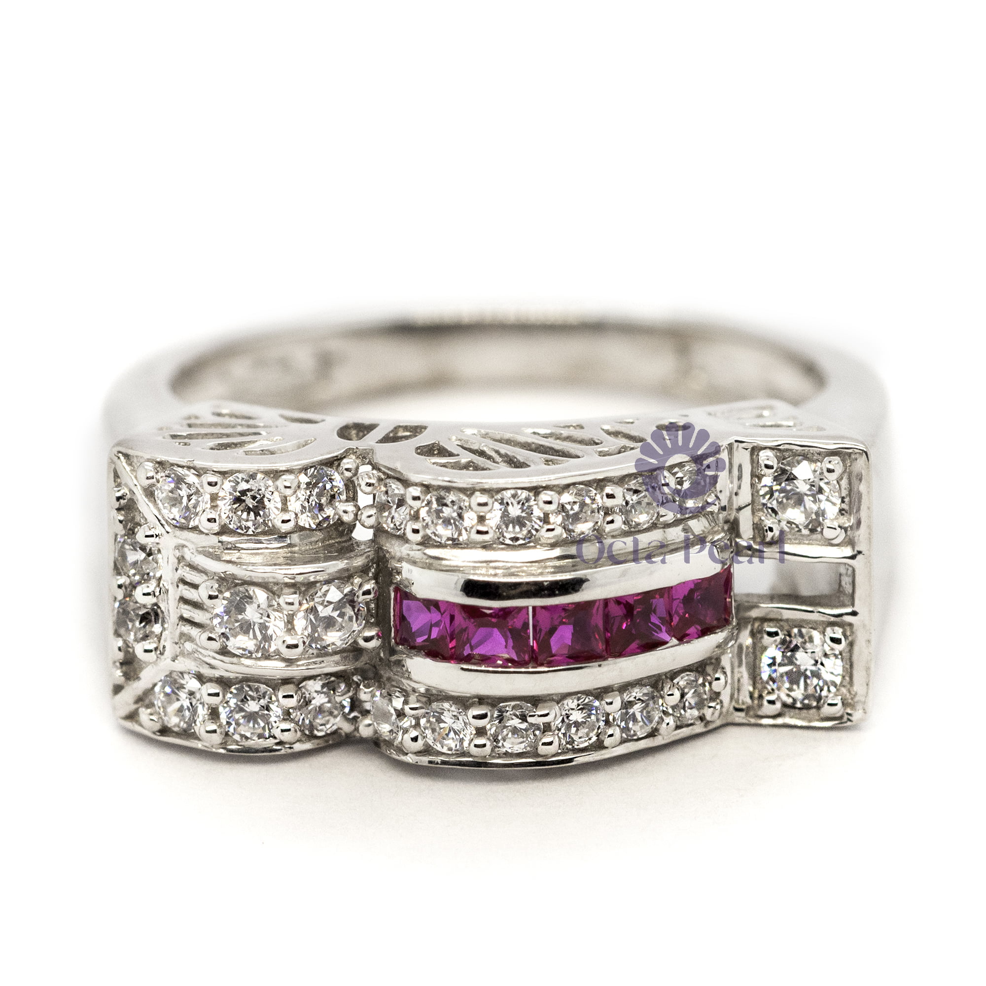 Pink Ruby Princess & Round White CZ Stone Art Deco Vintage Style Ring For Women (4/5 TCW)