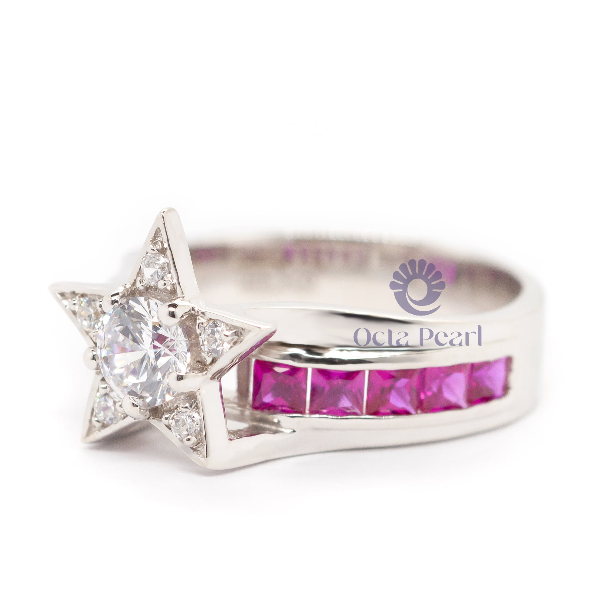 White Round With Pink Princess Channel Setting Star Shape Ring (1 8/9 TCW)
