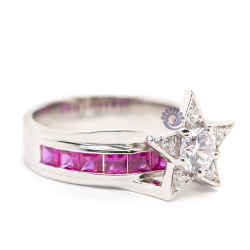 White Round With Pink Princess Channel Setting Star Shape Ring
