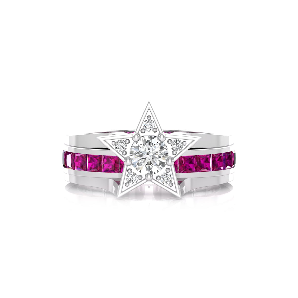 White Round With Pink Ruby Princess Channel Setting Star Shape Ring (1 8/9 TCW)