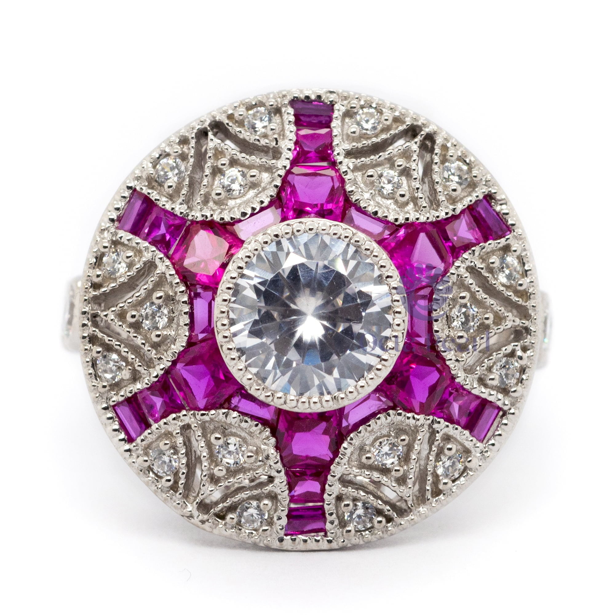 White Round With Pink Ruby Baguette CZ Stone Antique Milgrain Art Deco Engagement Ring