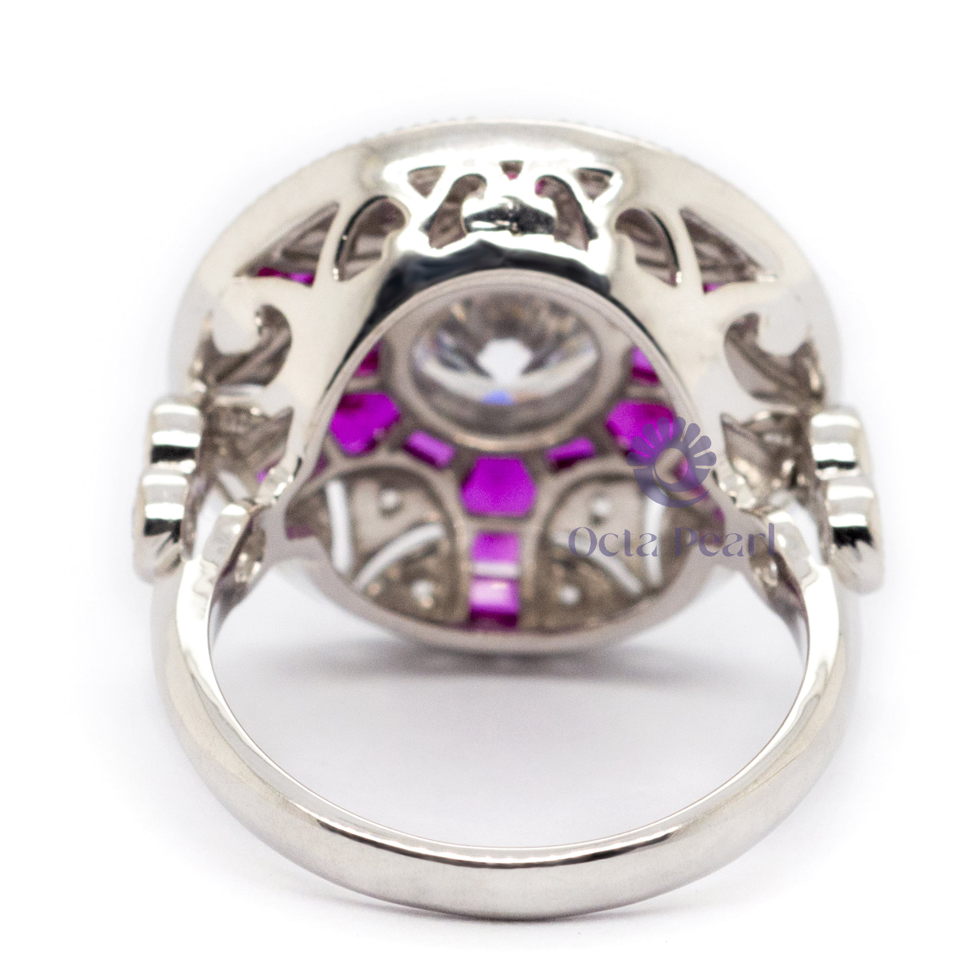 White Round With Pink Baguette CZ Stone Antique Milgrain Art Deco Engagement Ring