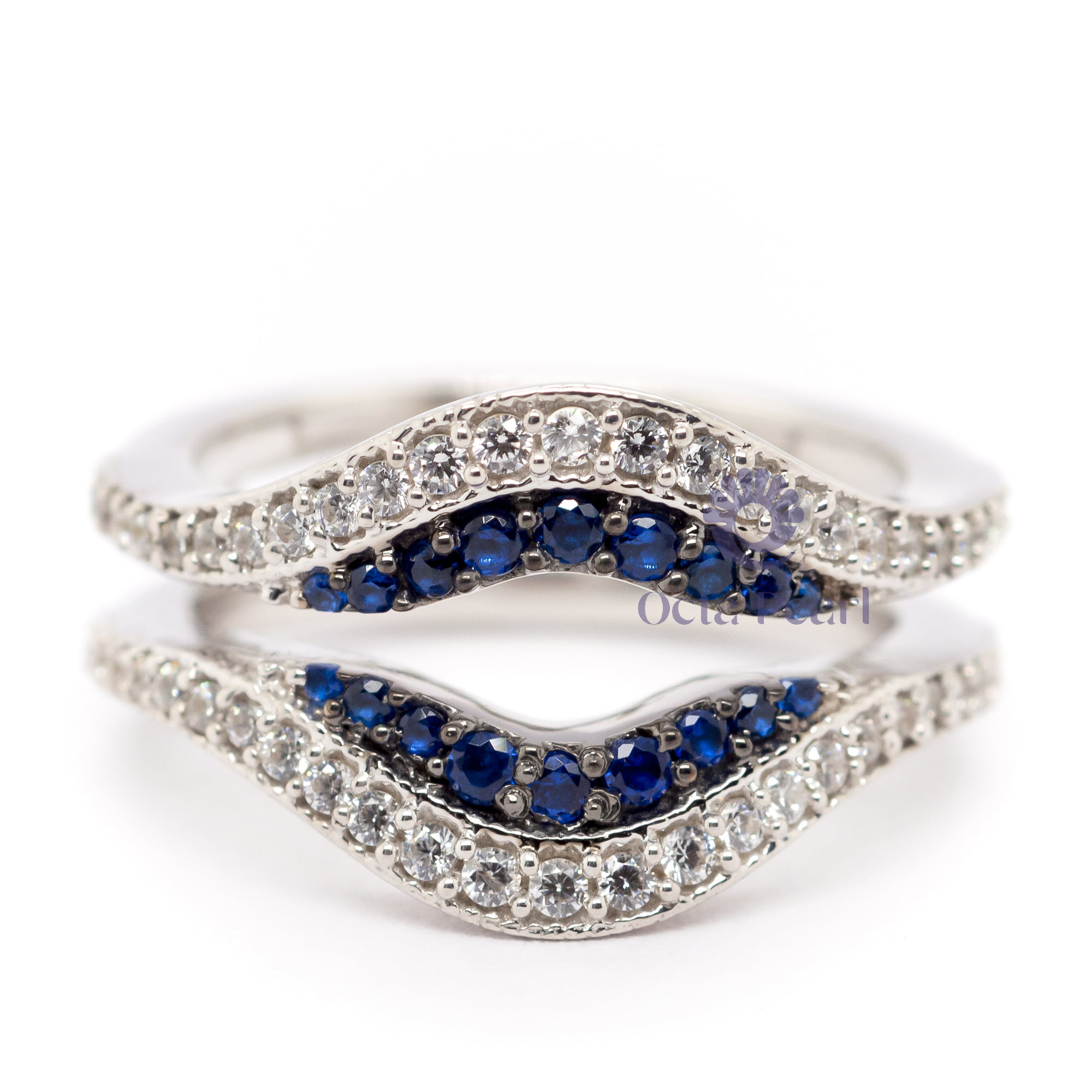 Blue sapphire & White Round CZ Stone Enhancer Guard Wedding Band Ring