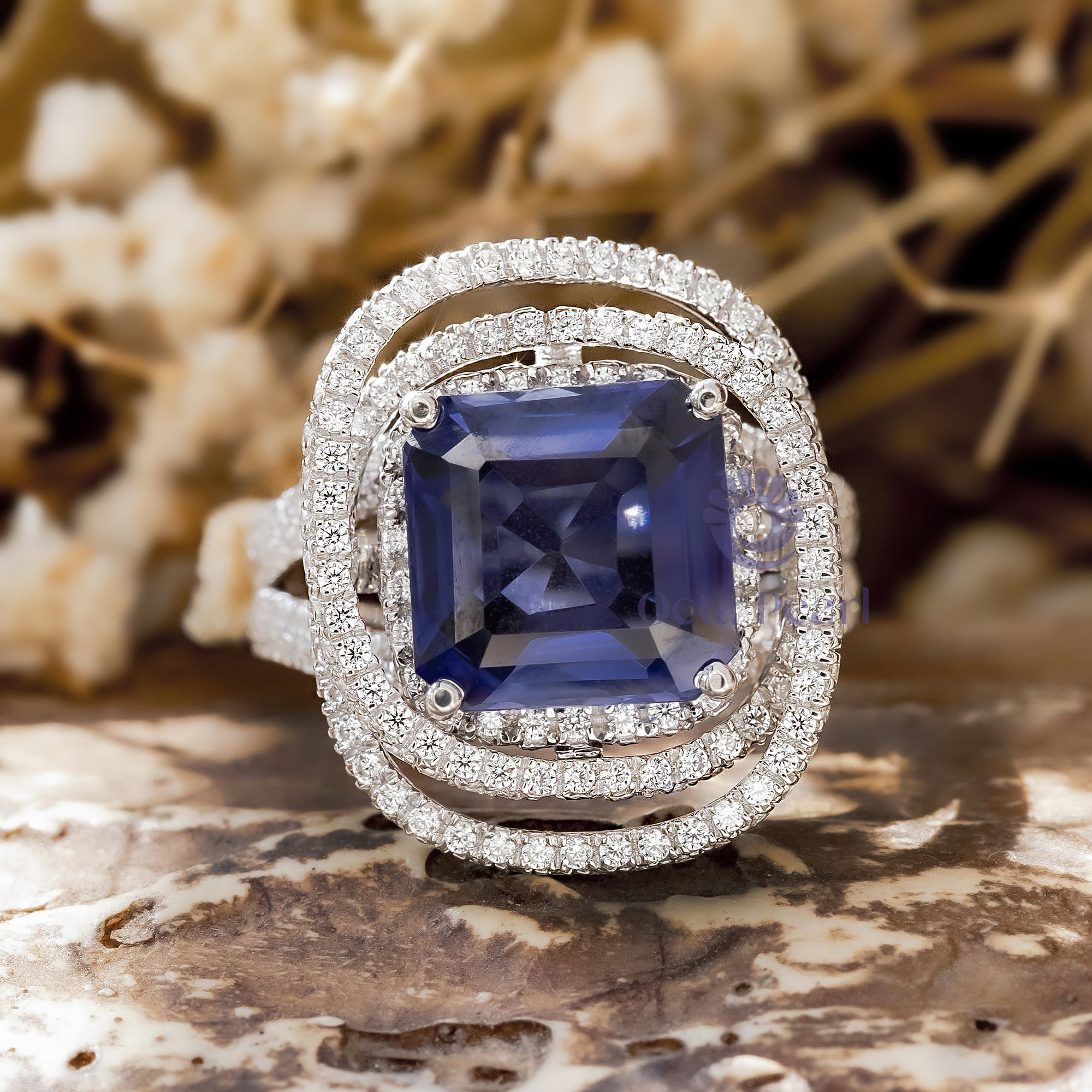 Blue sapphire Asscher Cut CZ Stone Spiral Halo Split Shank Ring For Women (8 4/5 TCW)