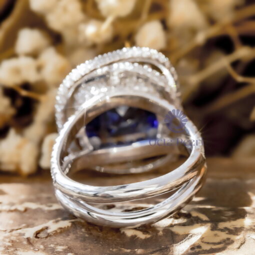 Blue sapphire Asscher Cut CZ Stone Spiral Halo Split Shank Ring For Women