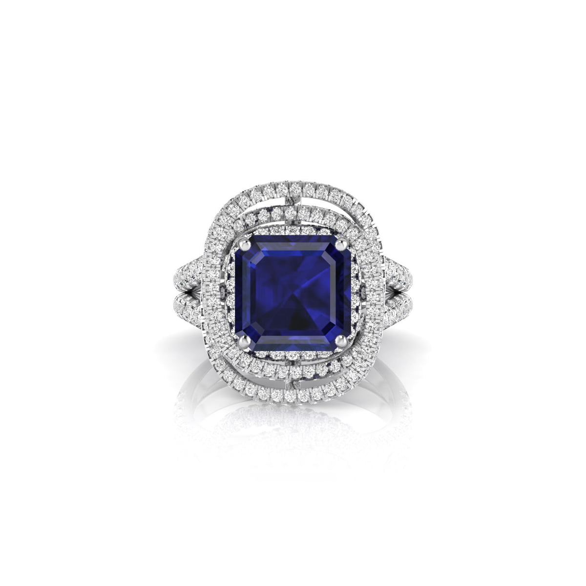 Blue sapphire Asscher Cut CZ Stone Spiral Halo Split Shank Ring For Women (8 4/5 TCW)