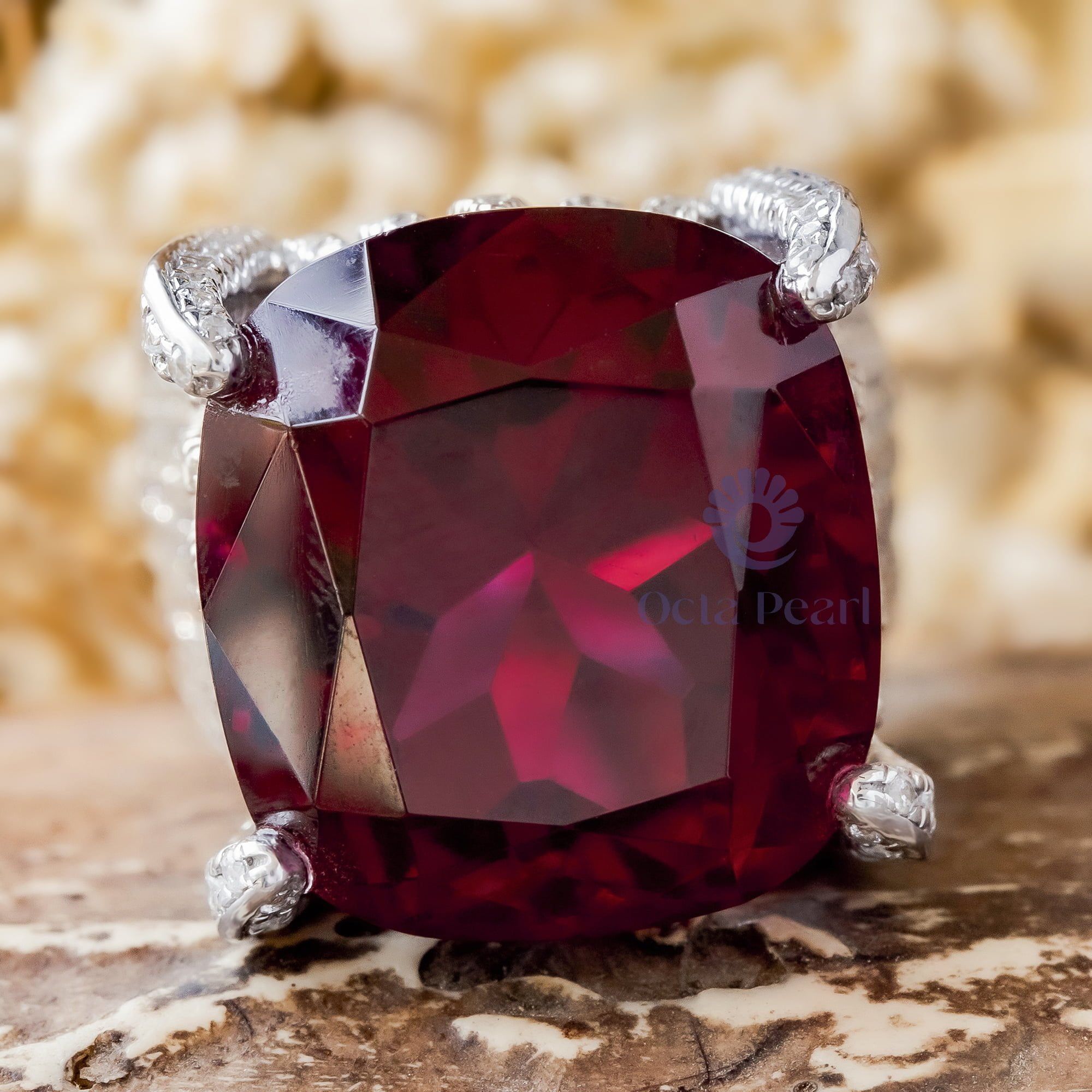 Red Garnet Cushion With White Round CZ Stone Cocktail Party Wear Ring For Women