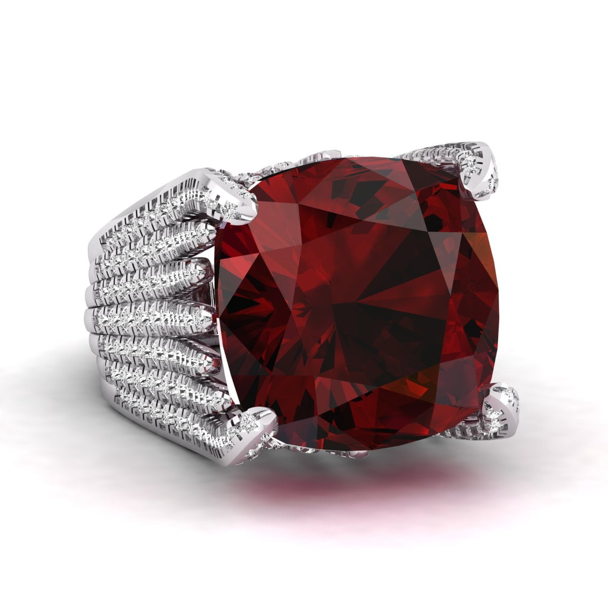 Red Garnet Cushion With White Round CZ Stone Cocktail Party Wear Ring For Women