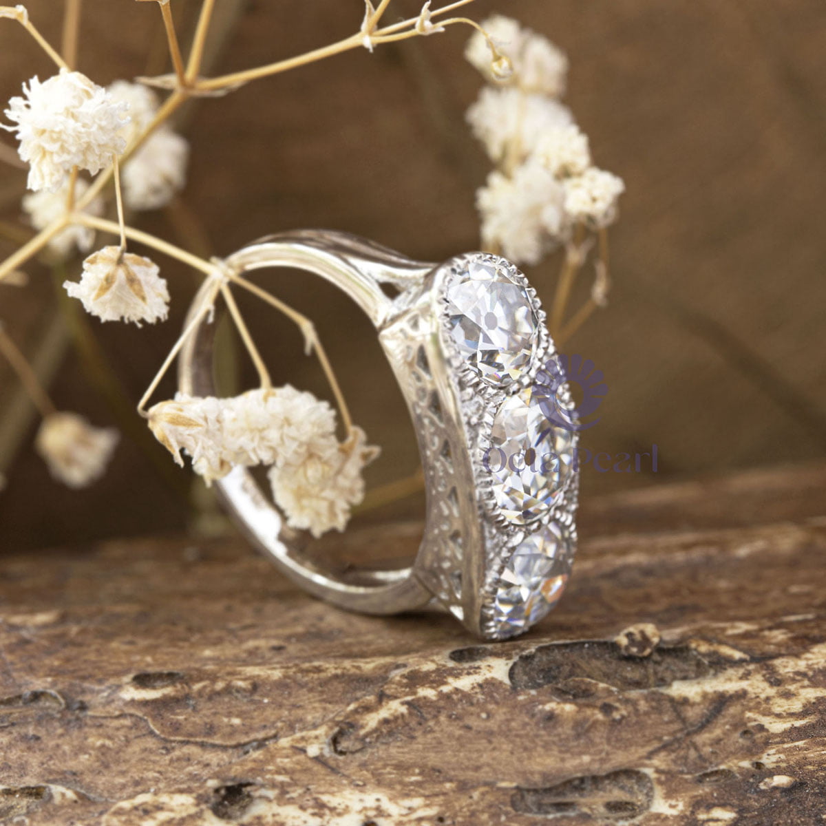 Milgrain Bezel Set Old European Cut Moissanite Three Stone Art Deco Edwardian Wedding Ring