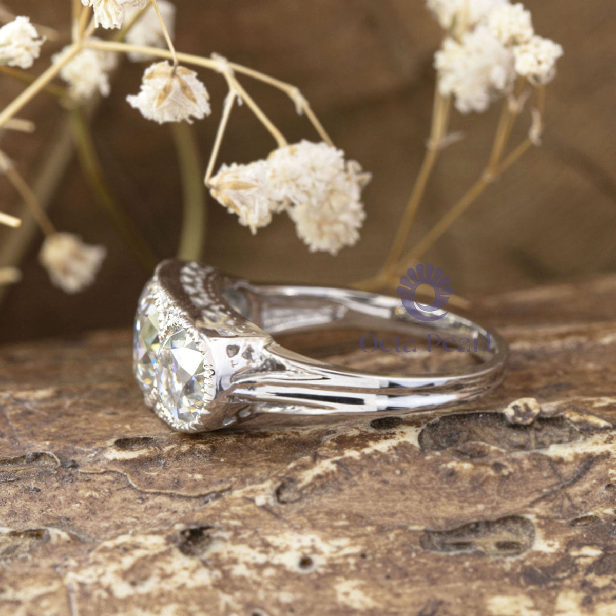 Milgrain Bezel Set Old European Cut Moissanite Three Stone Art Deco Edwardian Wedding Ring (3 4/7 TCW)
