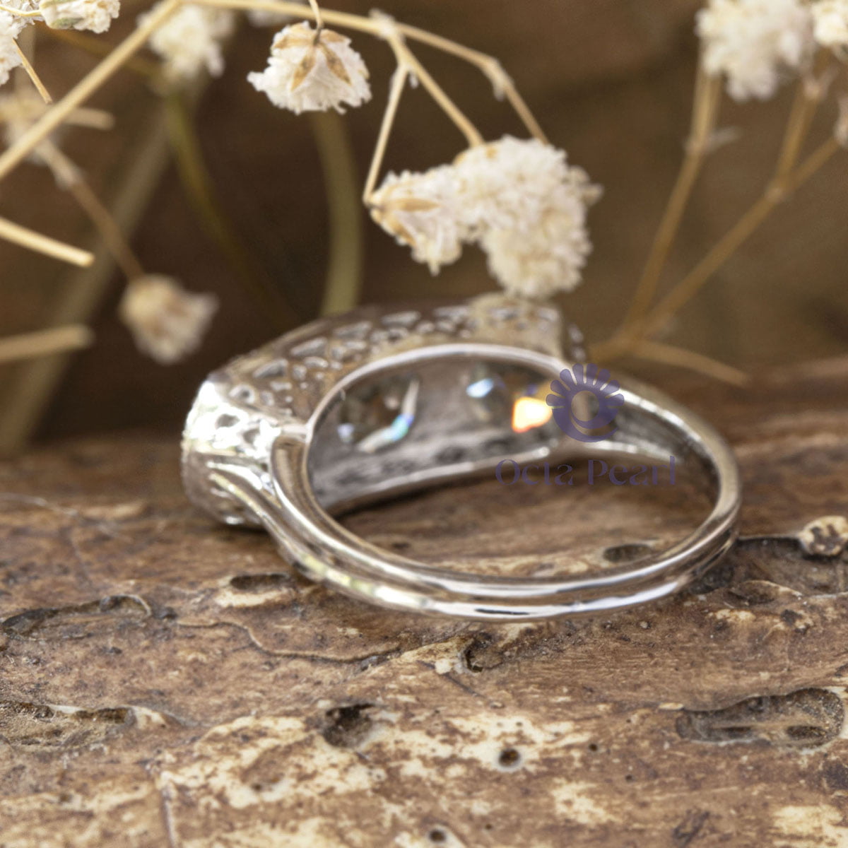 Milgrain Bezel Set Old European Cut Moissanite Three Stone Art Deco Edwardian Wedding Ring (3 4/7 TCW)