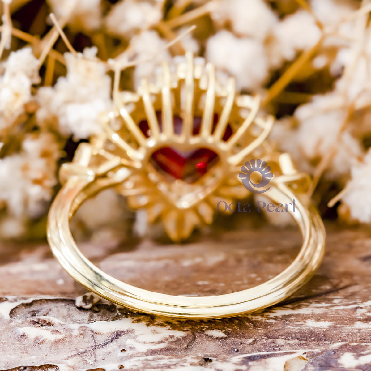 Heart Shape Garnet Ring With Diamond Halo