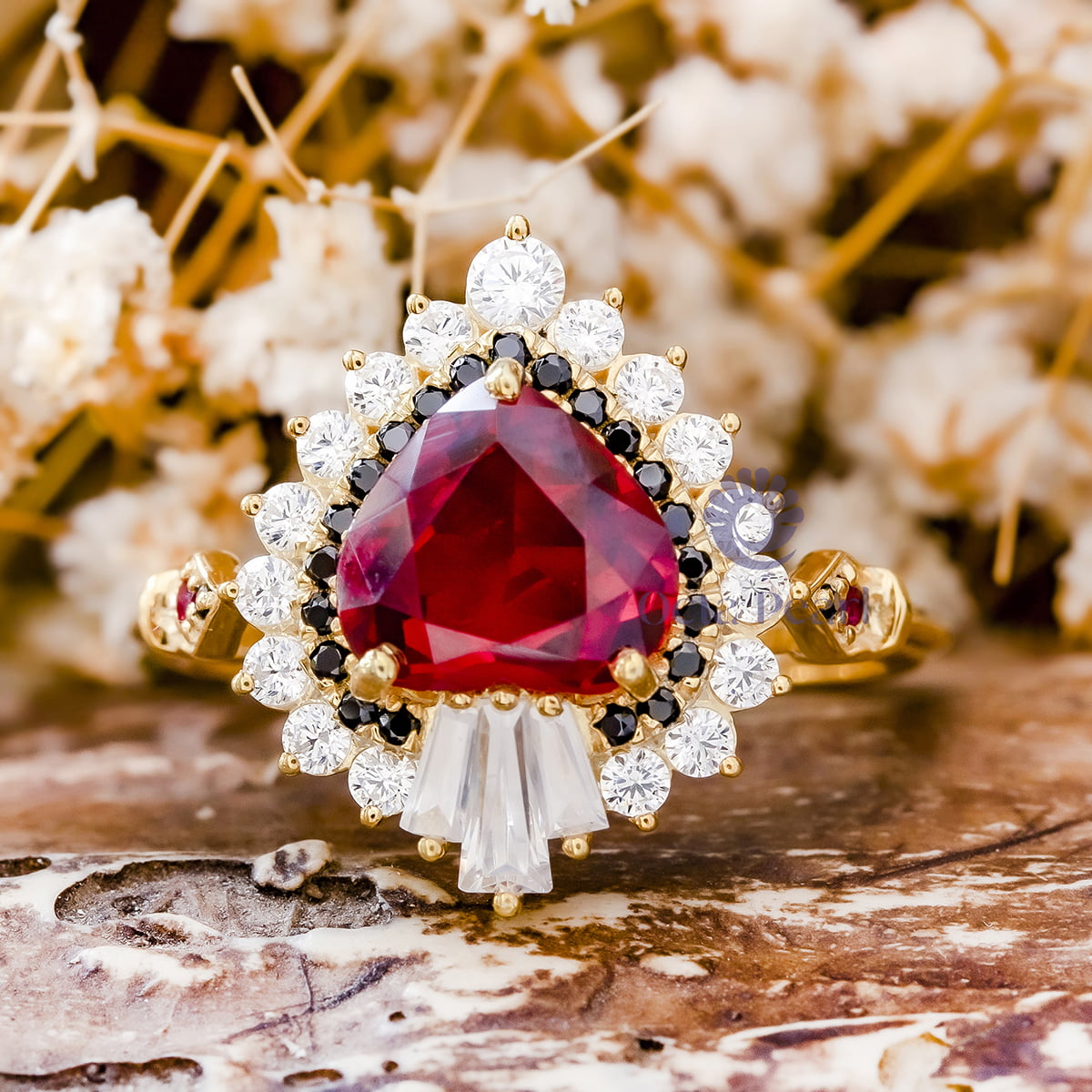 Red Garnet Heart With Round Cut CZ Stone Double Frame Engagement Ring