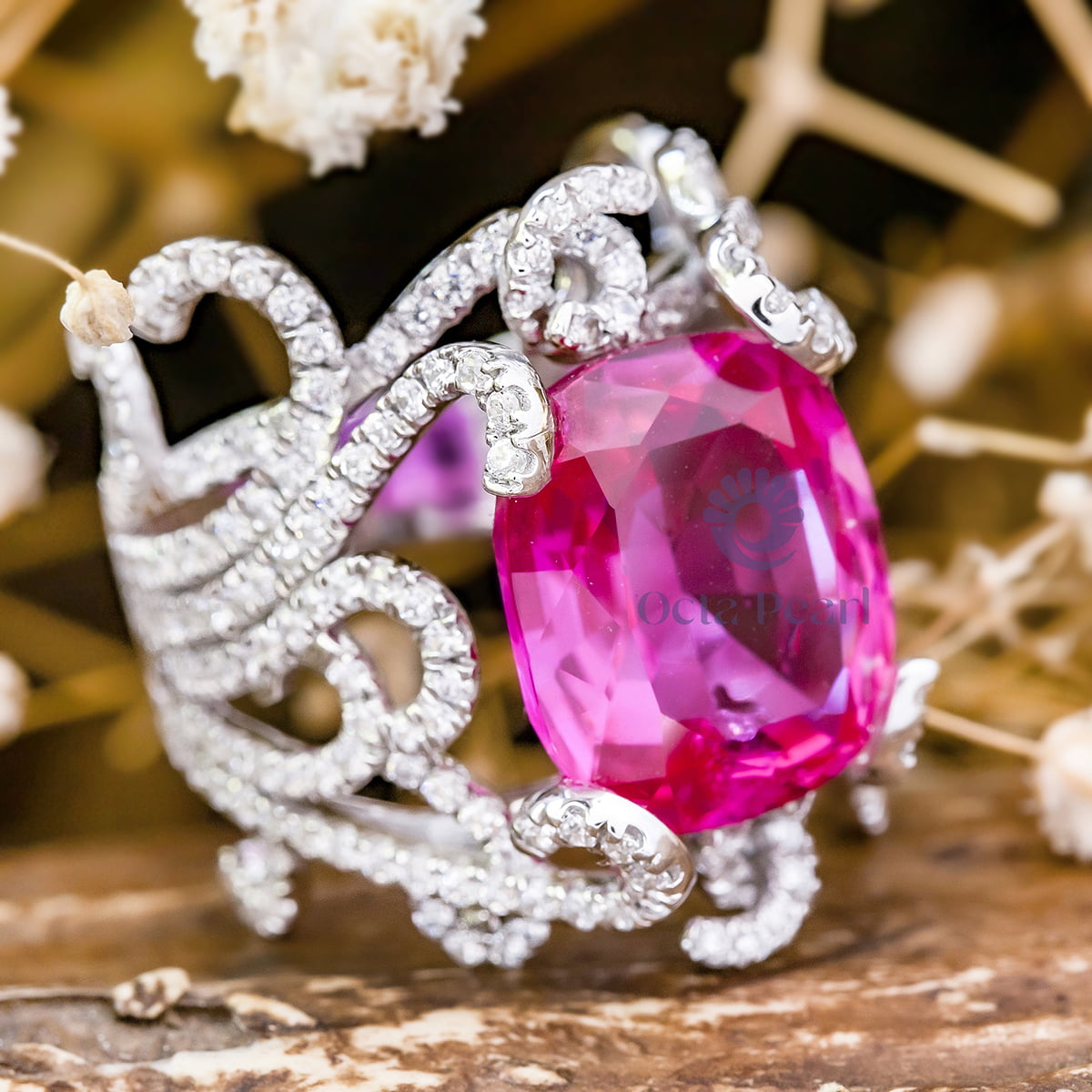 Pink Ruby Cushion Cut CZ Stone Unique Shank Cocktail Engagement Ring For Women