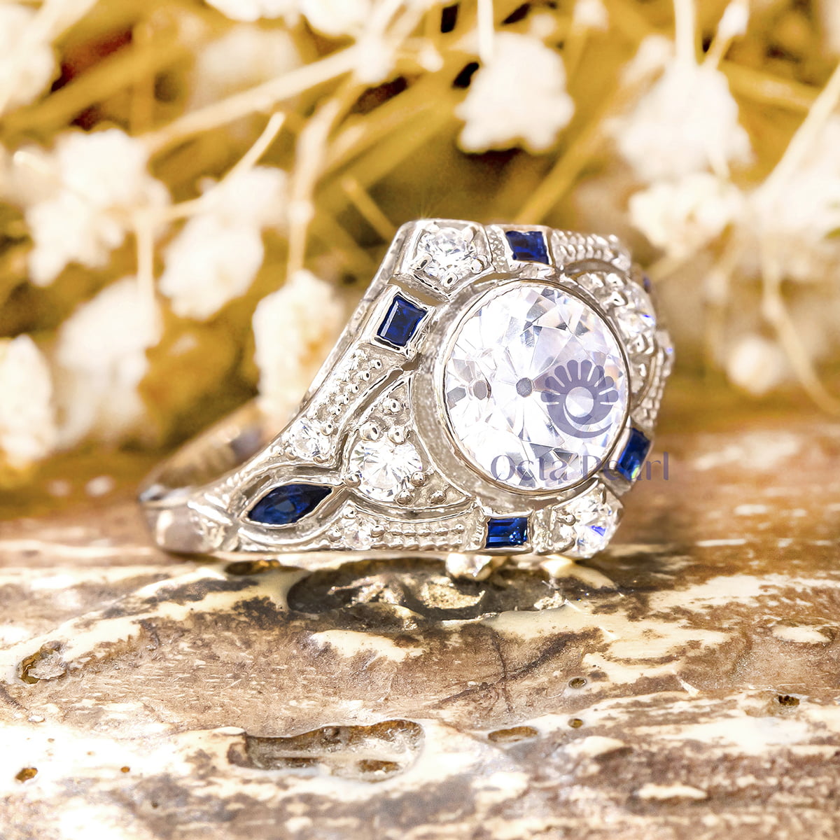 Old European Cut White With Blue Sapphire Baguette Milgrain Art Deco Victorian Ring