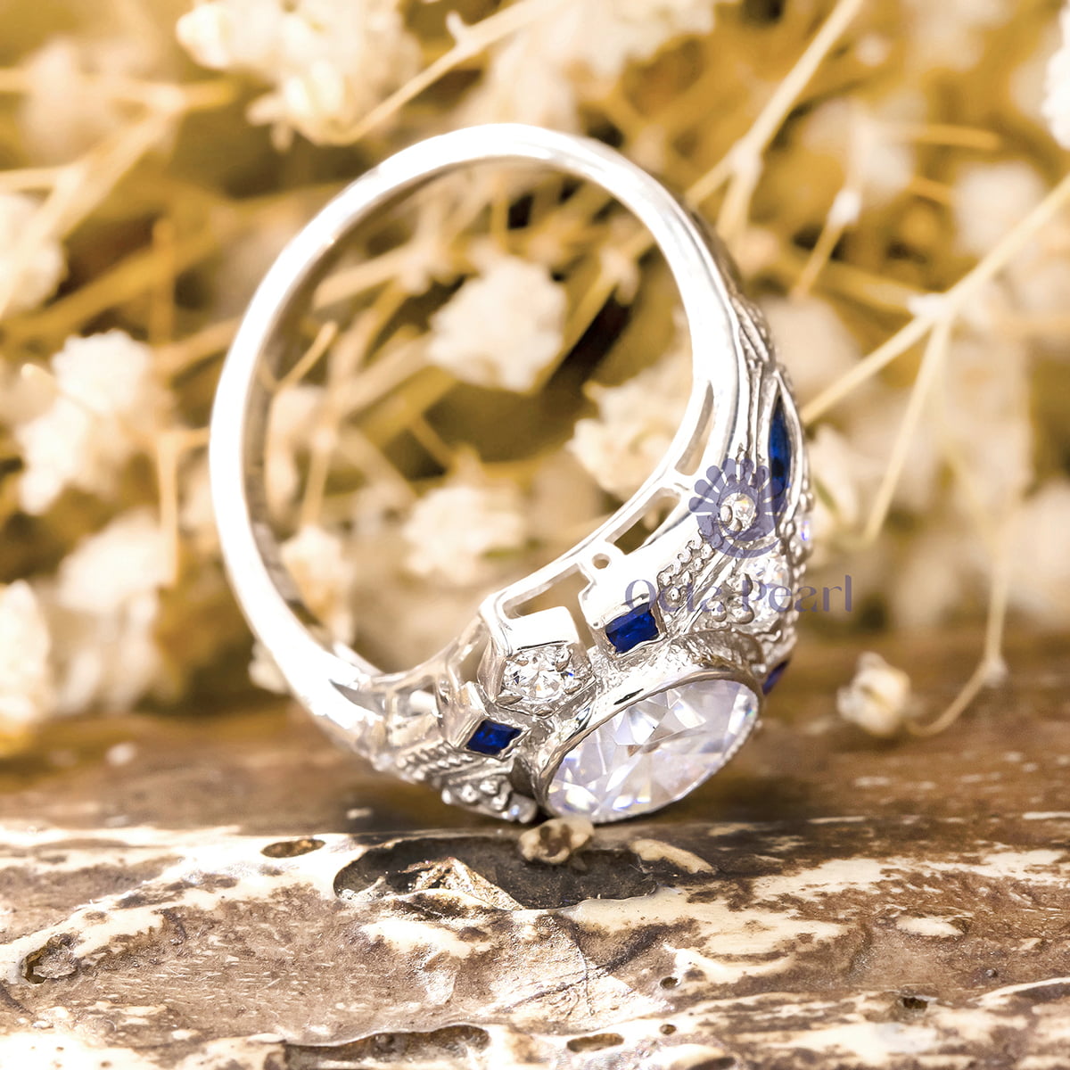 Old European Cut White With Blue Sapphire Baguette Milgrain Art Deco Victorian Ring
