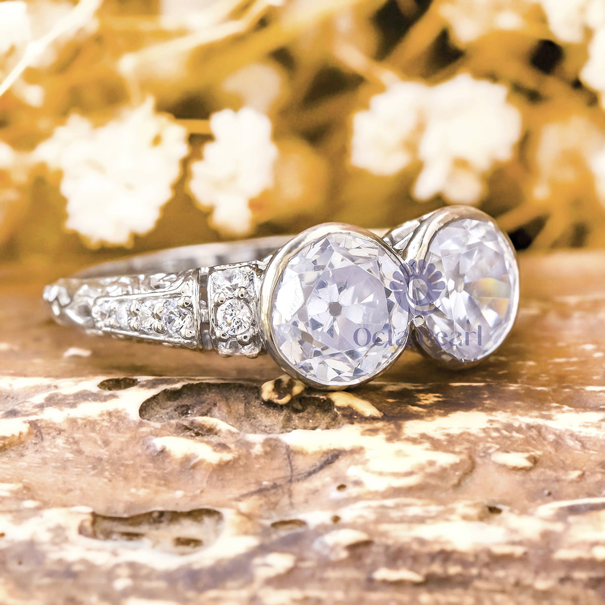 Old European Cut Moissanite Bezel Set Two Stone Art Deco Vintage Wedding Ring ( 5 1/7 TCW )