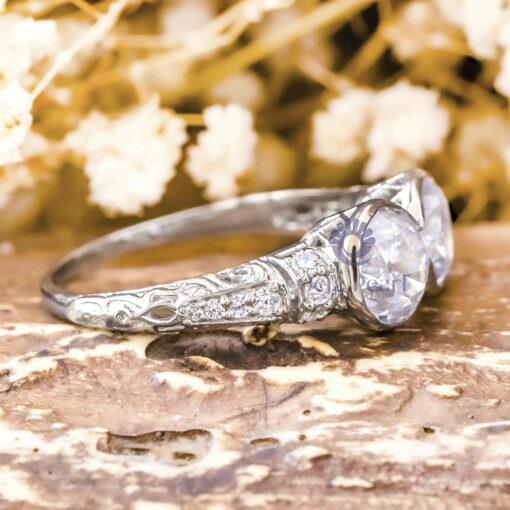 Old European Cut Moissanite Bezel Set Two Stone Art Deco Vintage Wedding Ring